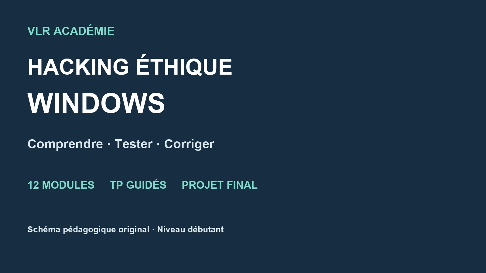 Schéma pédagogique original présentant le parcours Hacking éthique : les bases complètes sur Windows