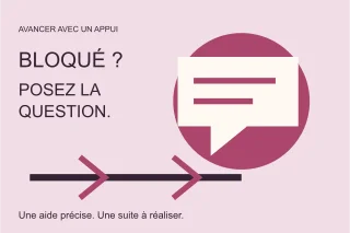 Une bulle de dialogue et des flèches accompagnent la question Bloqué ? Posez la question.
