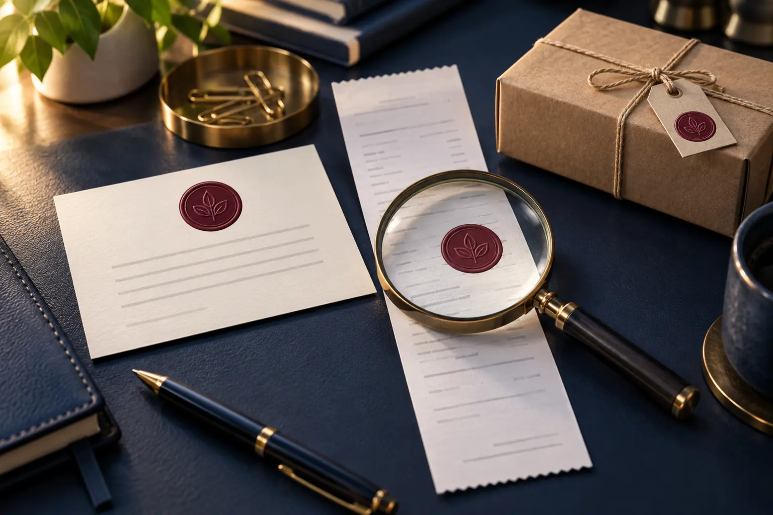 Une loupe éclaire un reçu posé à côté d’une commande et d’un petit colis fermé dans une mise en scène de bureau