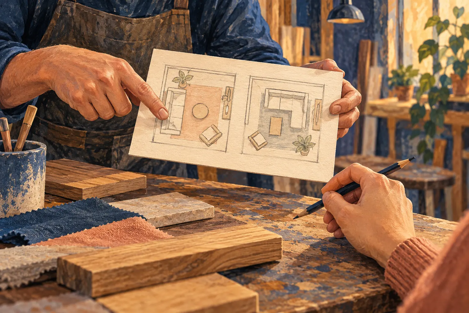 Une personne conserve son dessin de deux aménagements pendant un échange avec un collègue