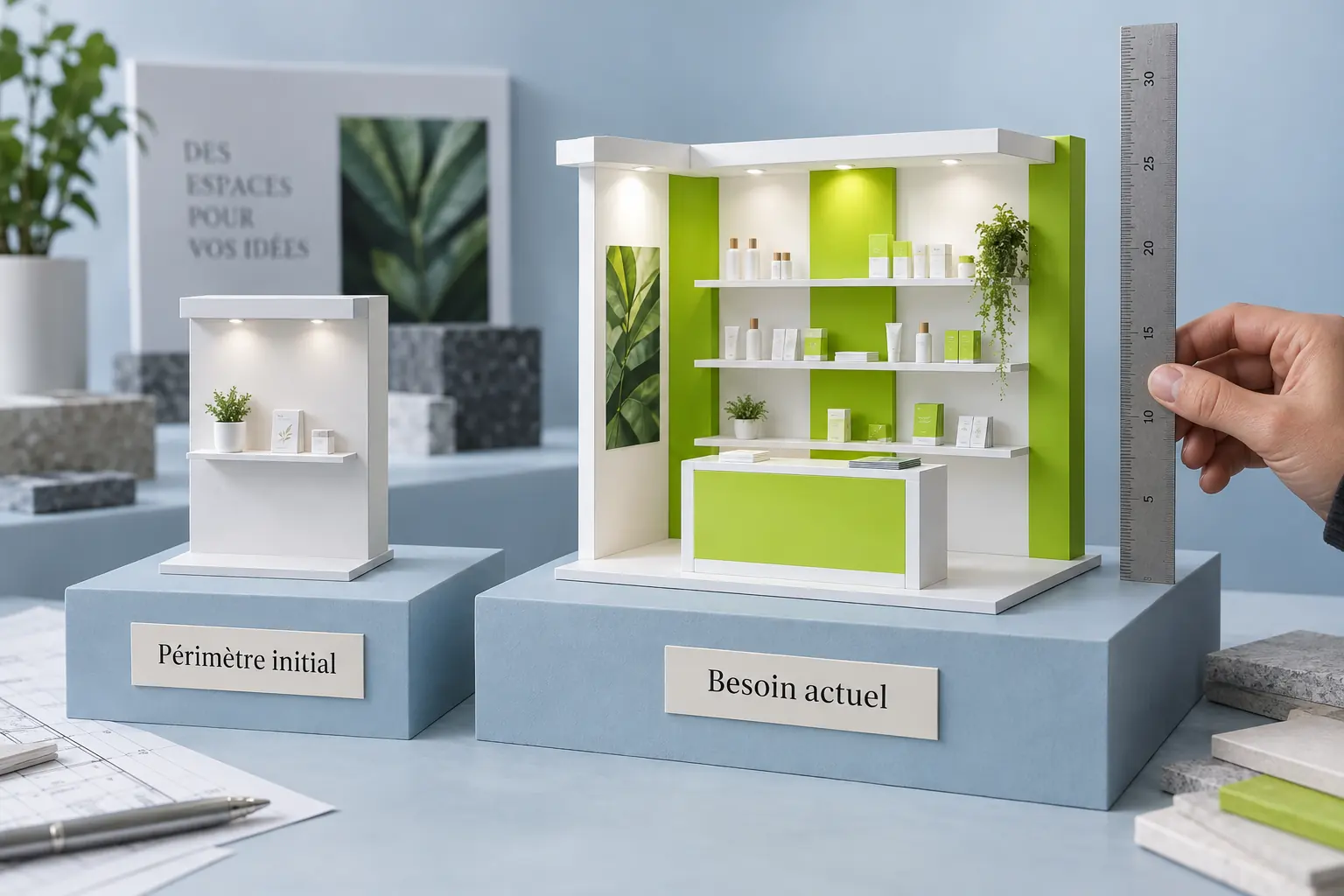 Deux maquettes de stand comparent le périmètre initial et le besoin actuel