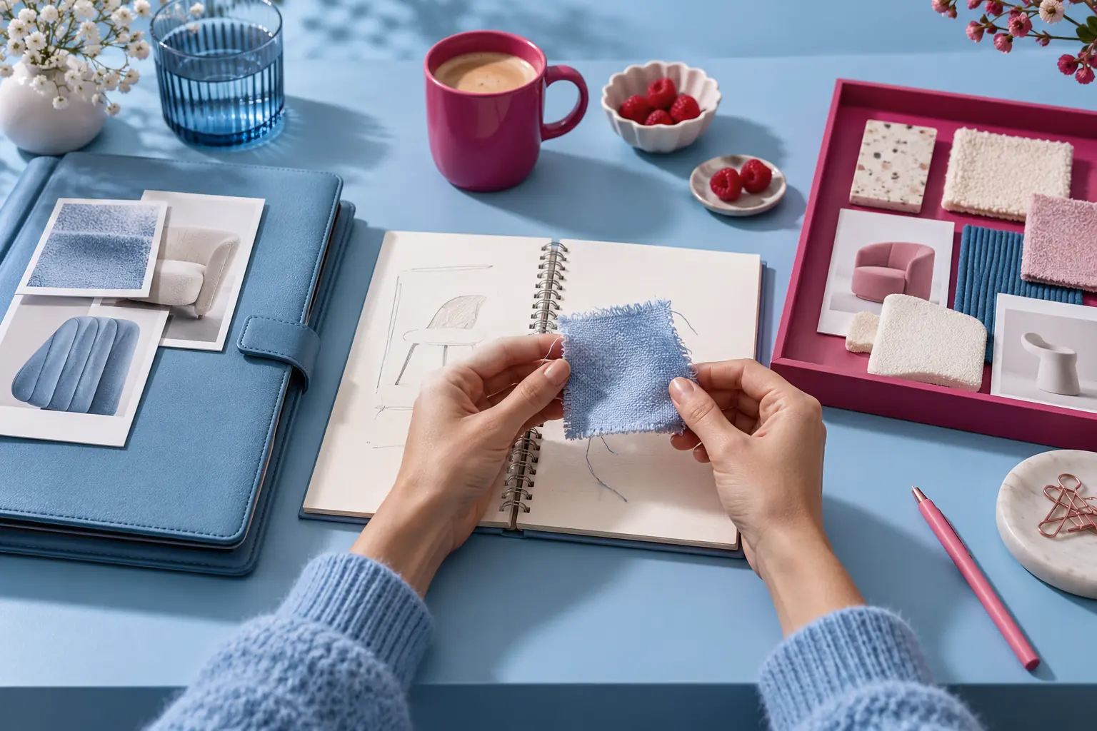 Un portfolio, un carnet ouvert et un plateau d’options sont disposés séparément autour d’un échantillon examiné