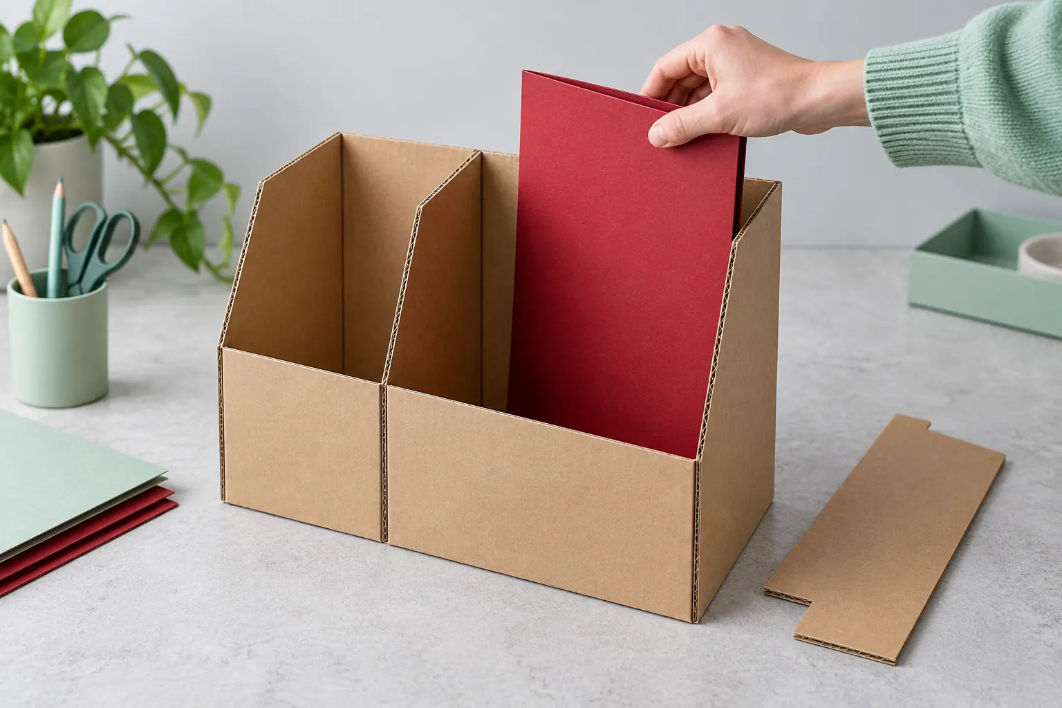 Une main essaie un dossier rouge dans un prototype de rangement en carton
