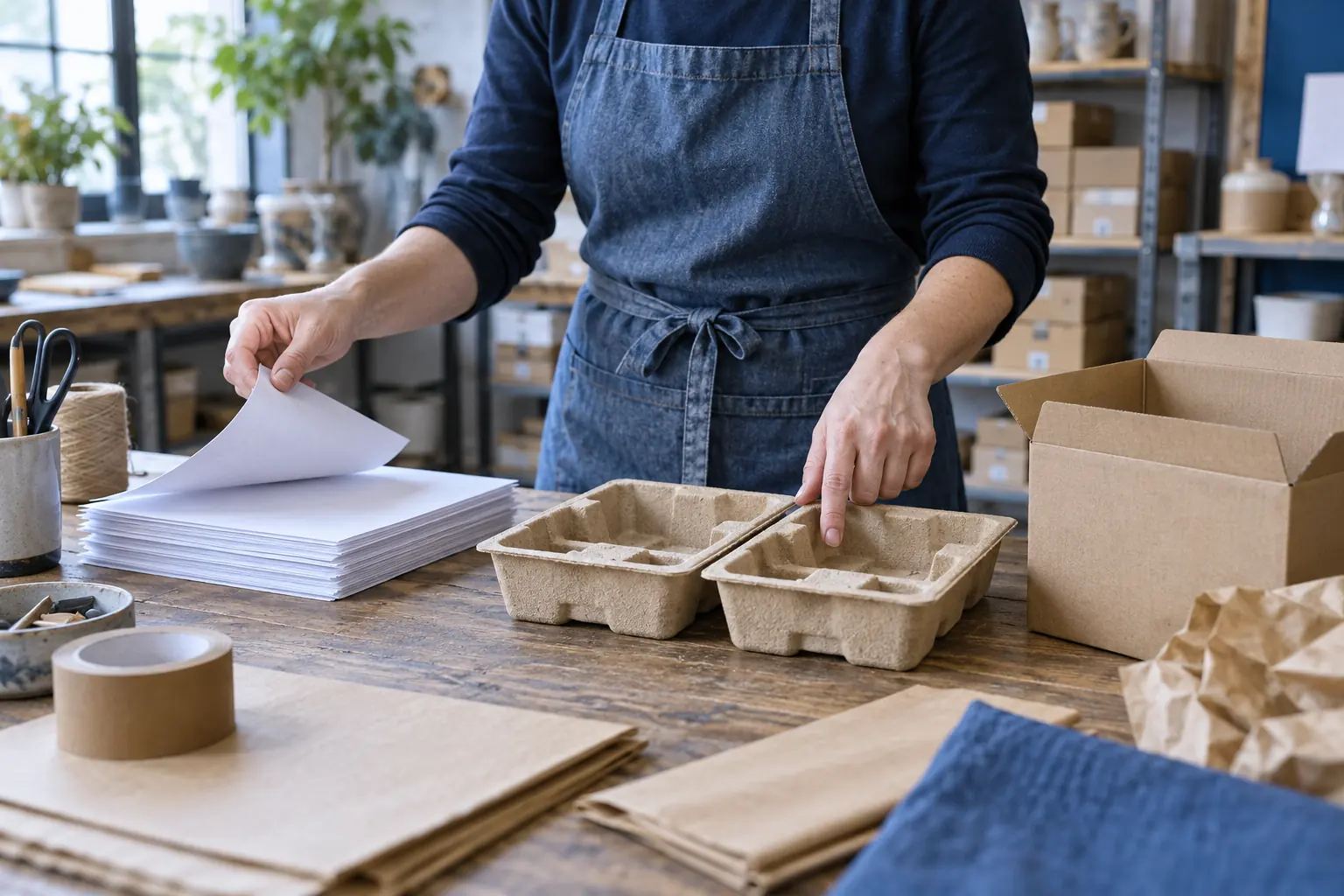 Des mains manipulent des feuilles et des plateaux de colis dans un atelier