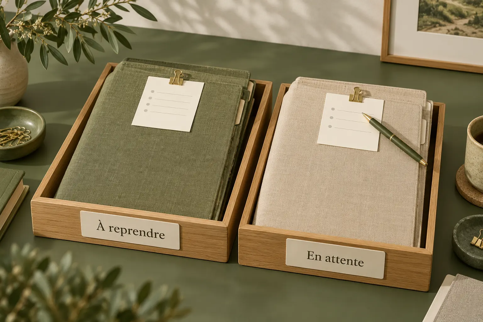 Des pochettes de travail sont rangées dans deux casiers, avec une fiche de prochaine action placée devant chaque dossier