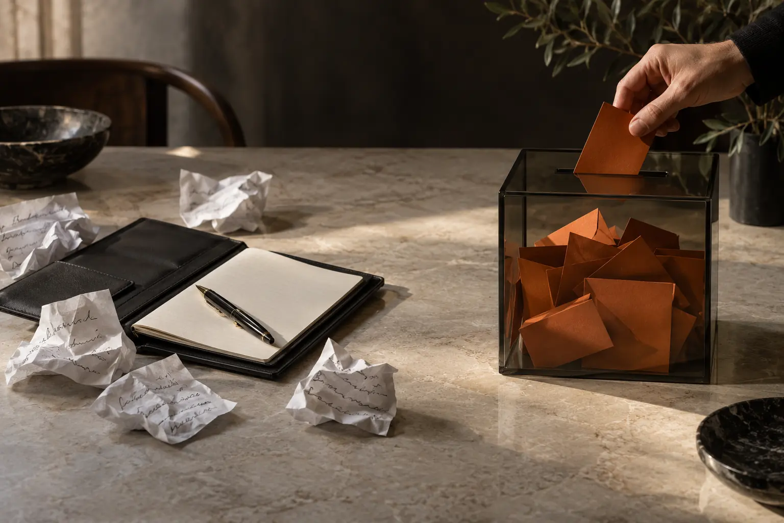 Des notes manuscrites près d’un carnet et une main glissant un bulletin dans une urne illustrent deux formes de participation