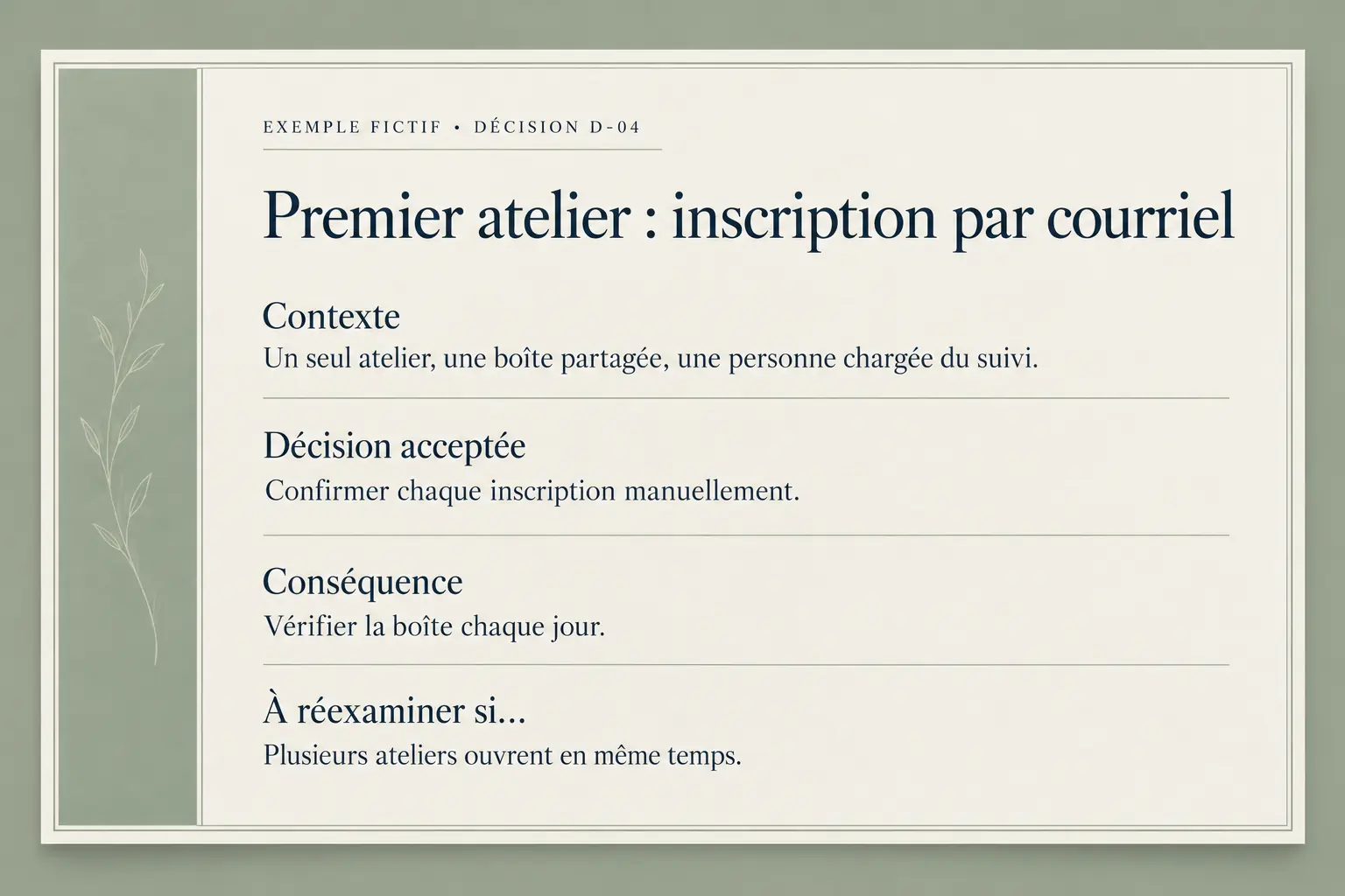 Fiche fictive : choisir le courriel pour un atelier unique, accepter un suivi quotidien et réexaminer le choix si plusieurs ateliers ouvrent ensemble