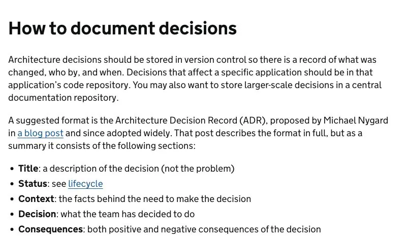 Extrait en anglais du guide The GDS Way : titre, statut, contexte, décision et conséquences