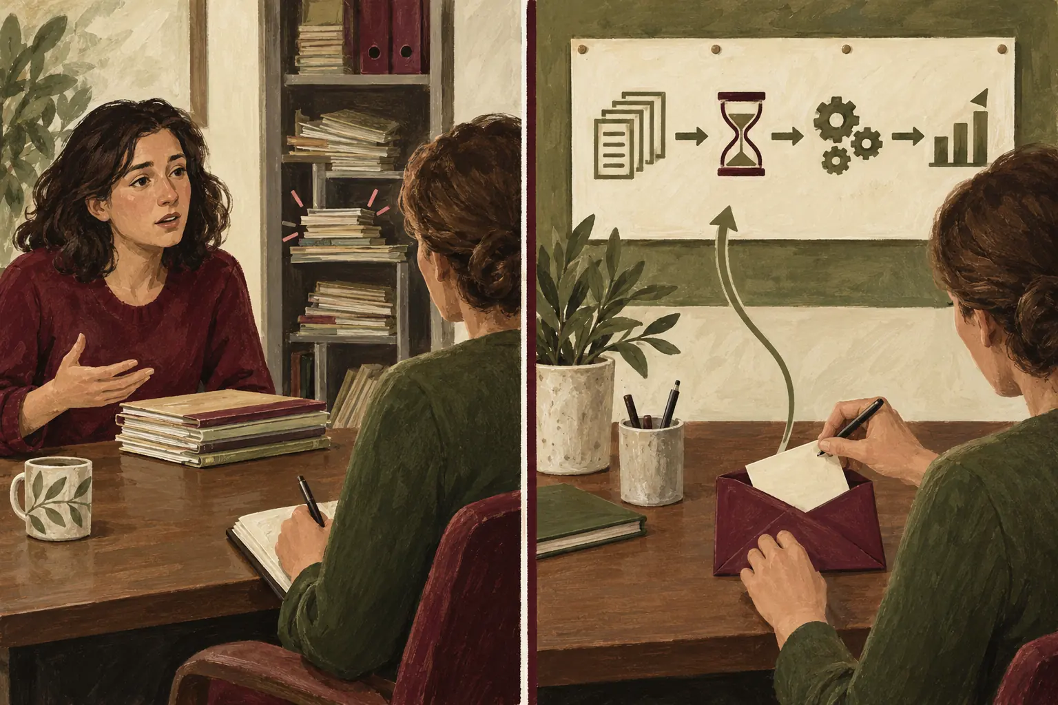 Une conversation sur des dossiers encombrés, puis des notes rangées dans une enveloppe distincte du tableau de travail