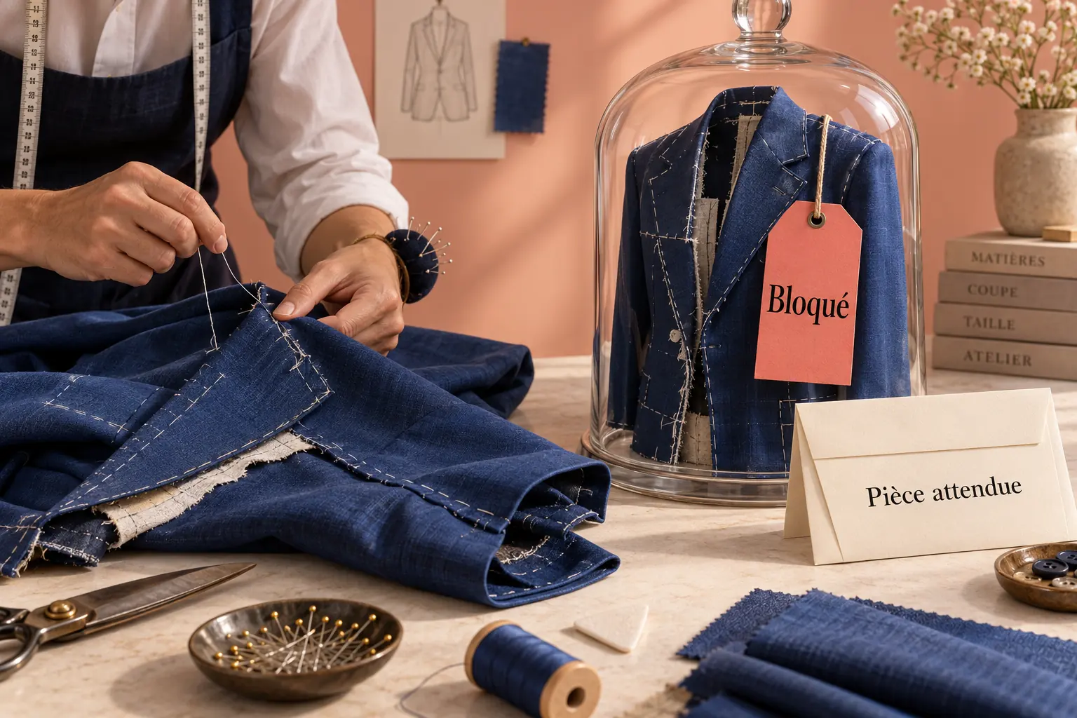Une couture avance à gauche ; une veste inachevée sous cloche porte la mention Bloqué, avec une enveloppe Pièce attendue