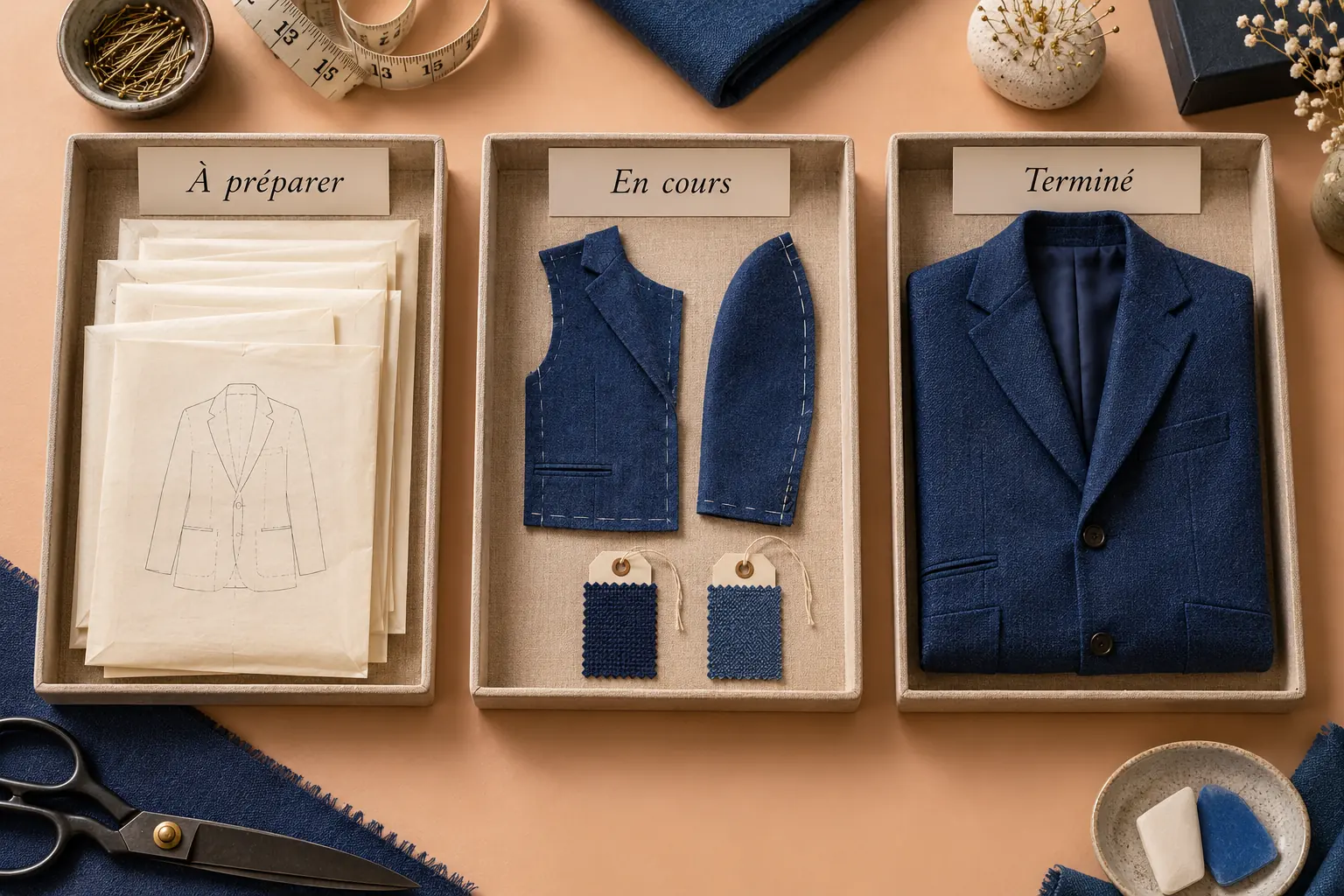 Trois plateaux marqués À préparer, En cours et Terminé montrent des patrons, deux pièces en couture et une veste achevée