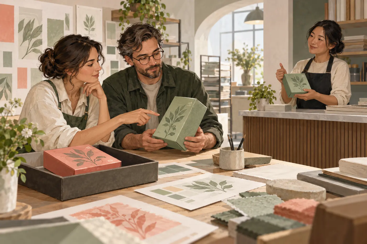 Deux personnages fictifs comparent une maquette verte tandis qu’une collègue au comptoir confirme sa réception, la version corail restant à part