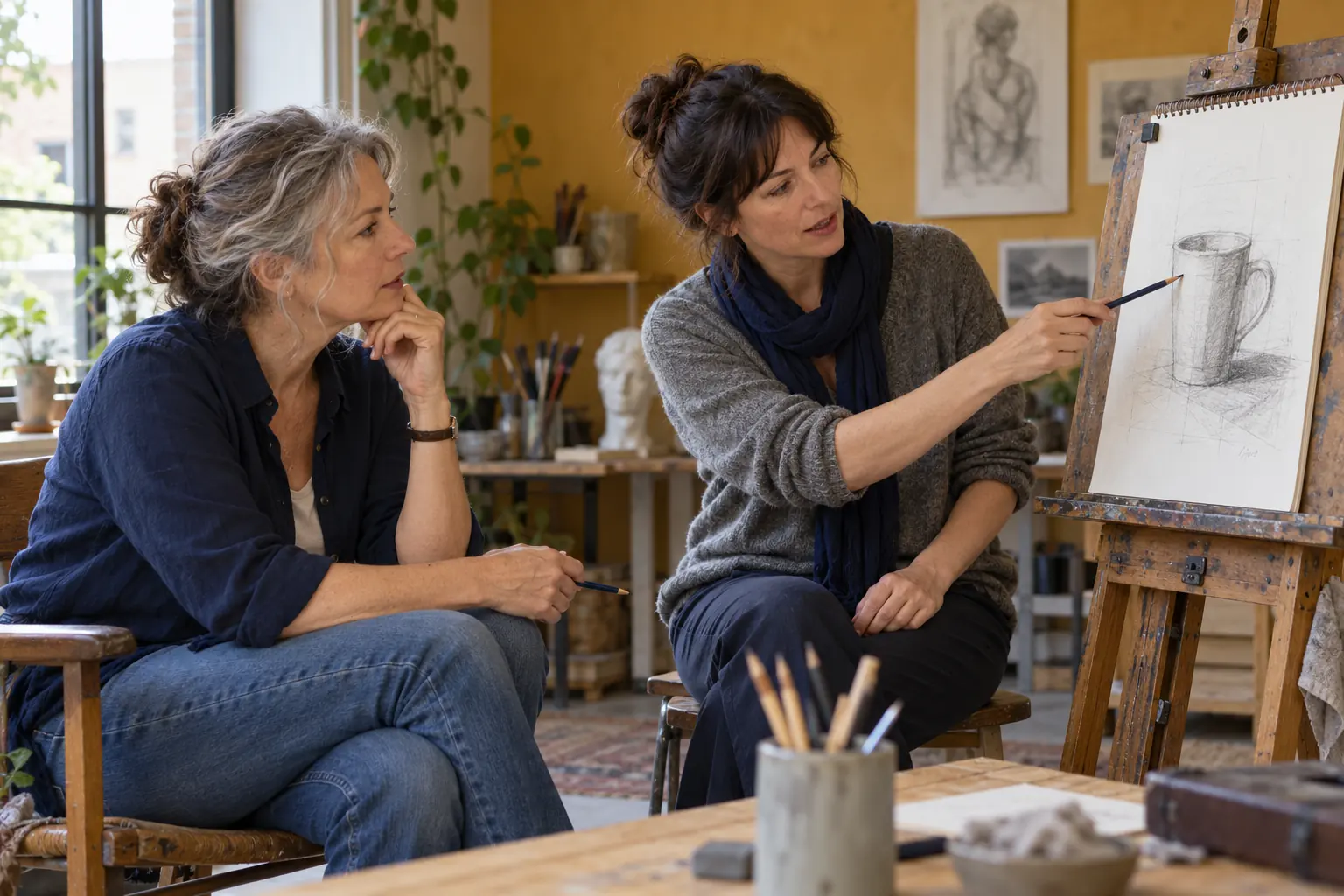 Une enseignante montre un passage du dessin d’une tasse à une adulte dans un atelier