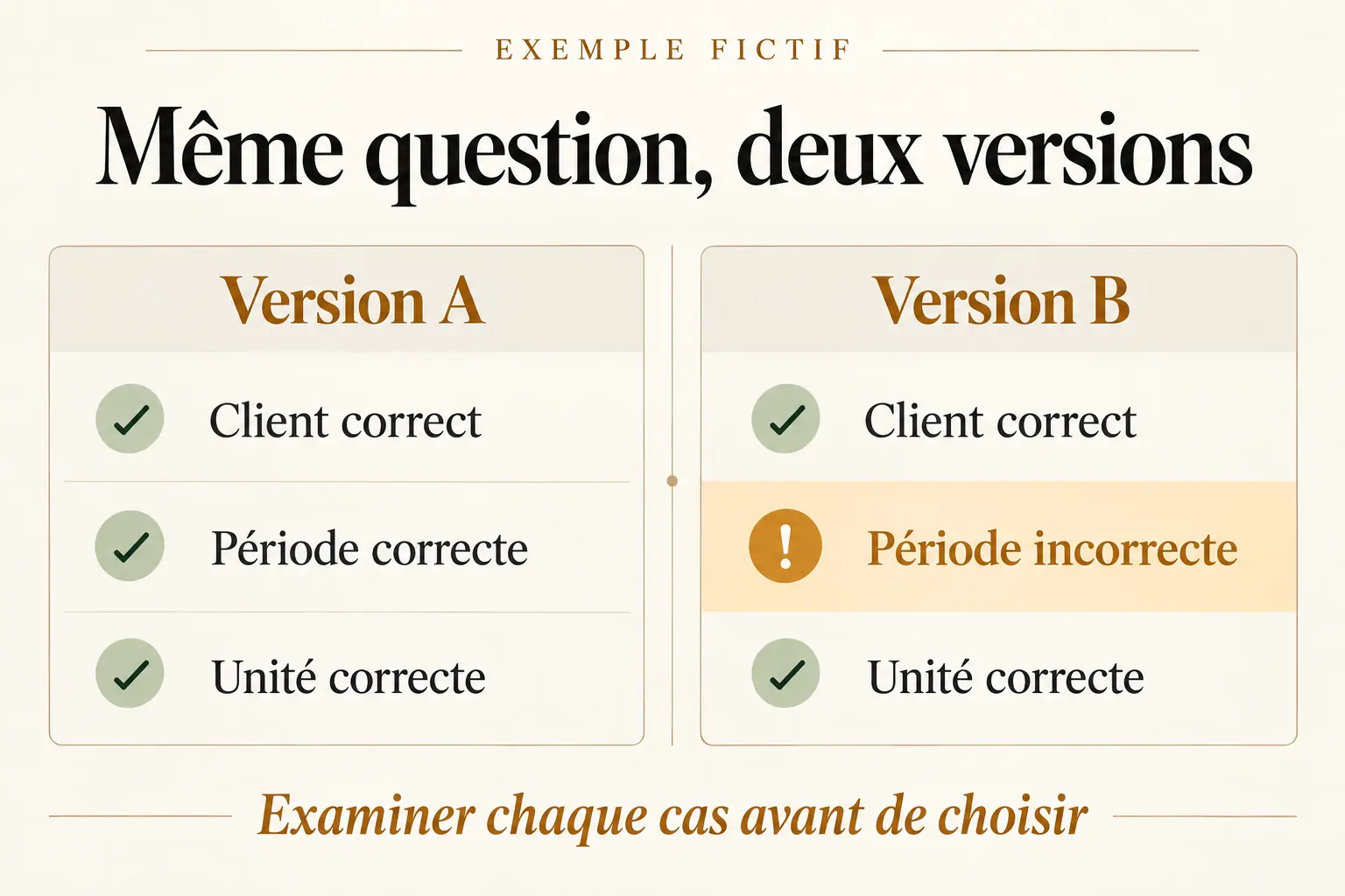 Comparaison fictive de deux versions : la seconde se trompe sur la période