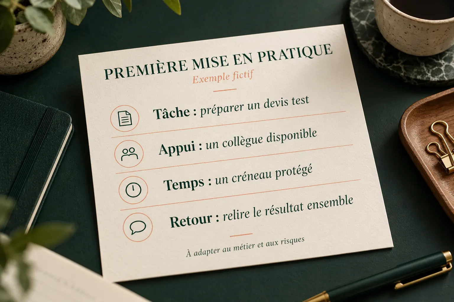 Fiche fictive de préparation : tâche, appui, temps et retour sur un devis test