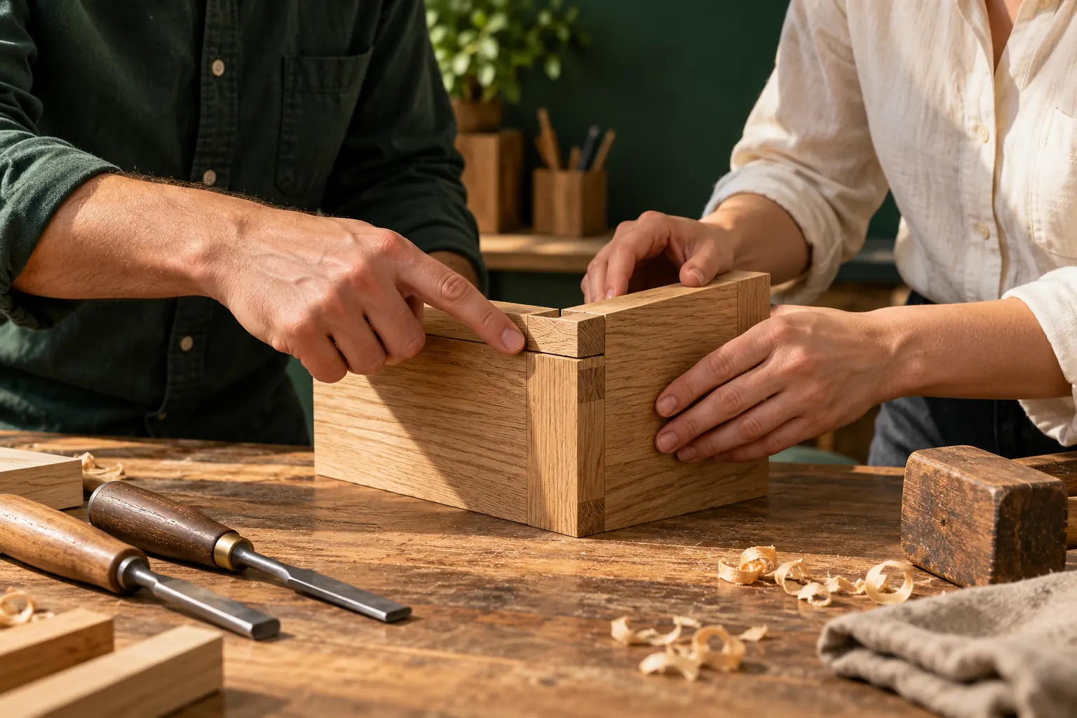 Deux collègues fictifs examinent ensemble un assemblage de bois d’exercice