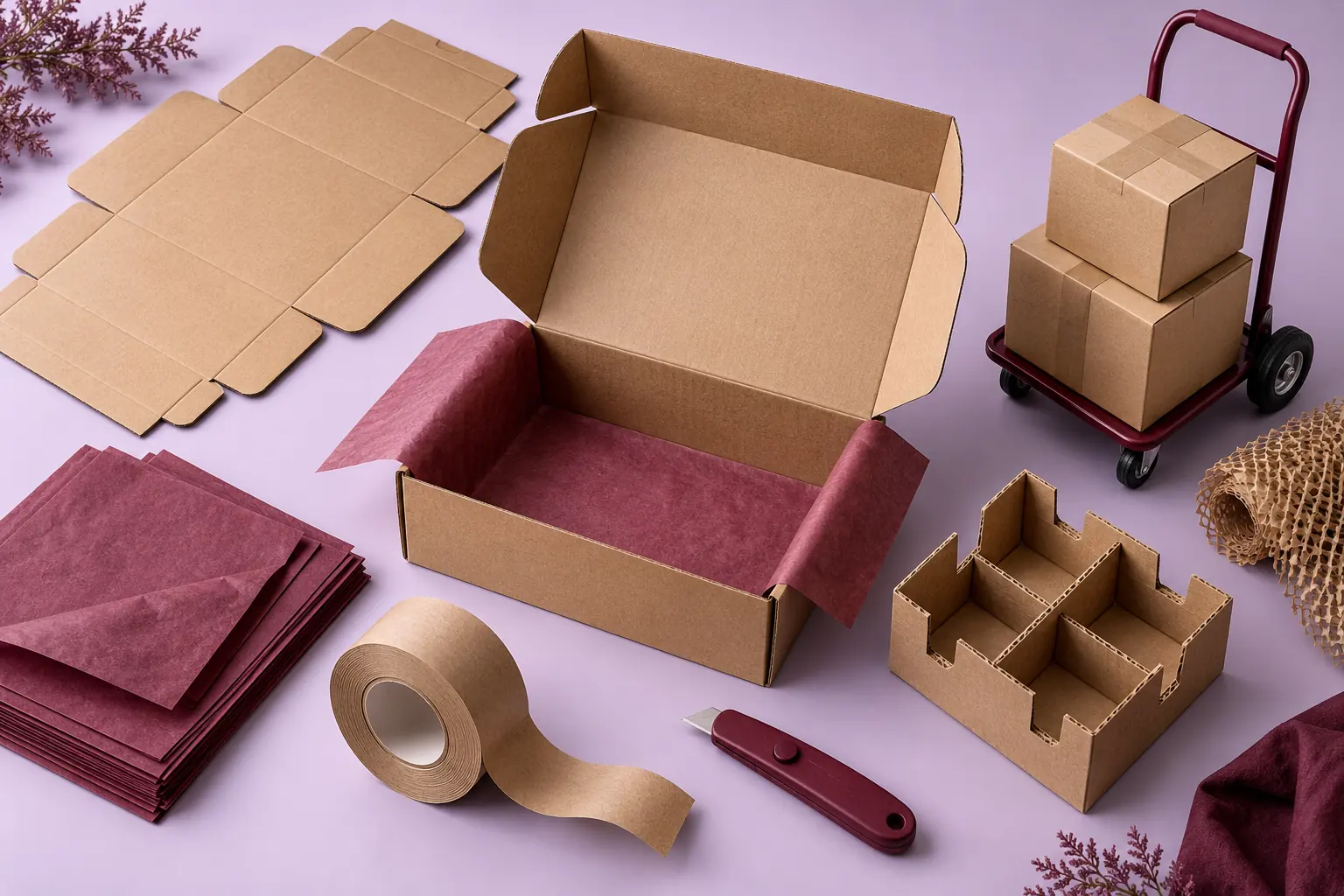 Une boîte d’expédition entourée de papier, de calages, de ruban et d’un chariot de livraison