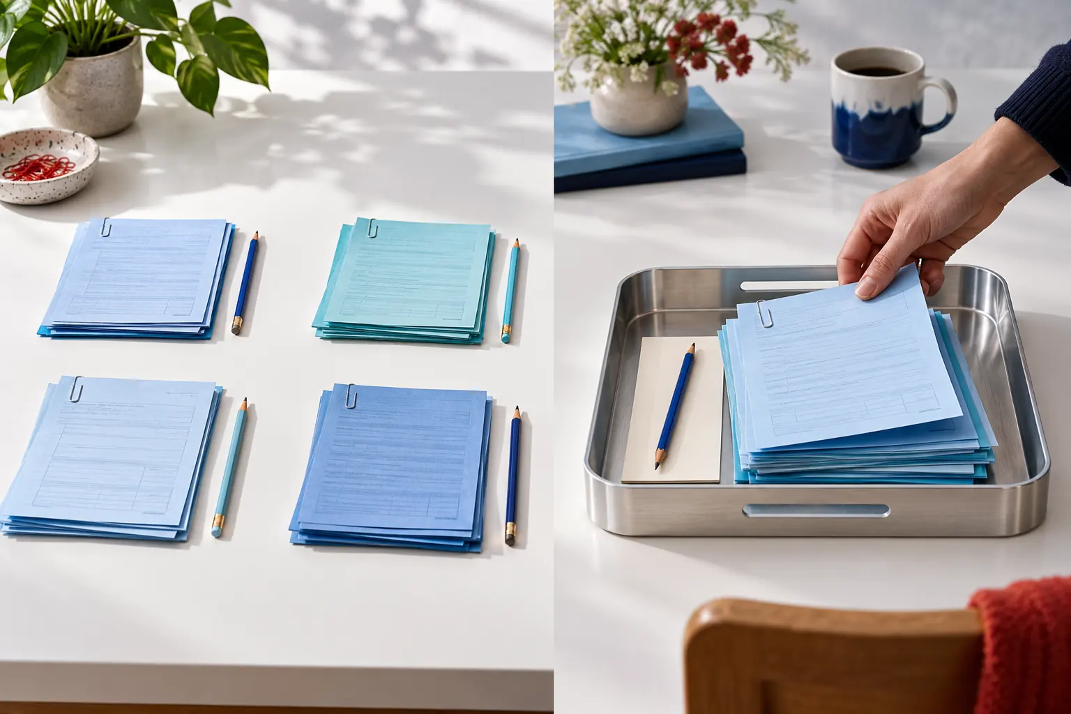 Plusieurs petites piles de documents dispersées sont comparées à un dossier regroupé dans un plateau de bureau