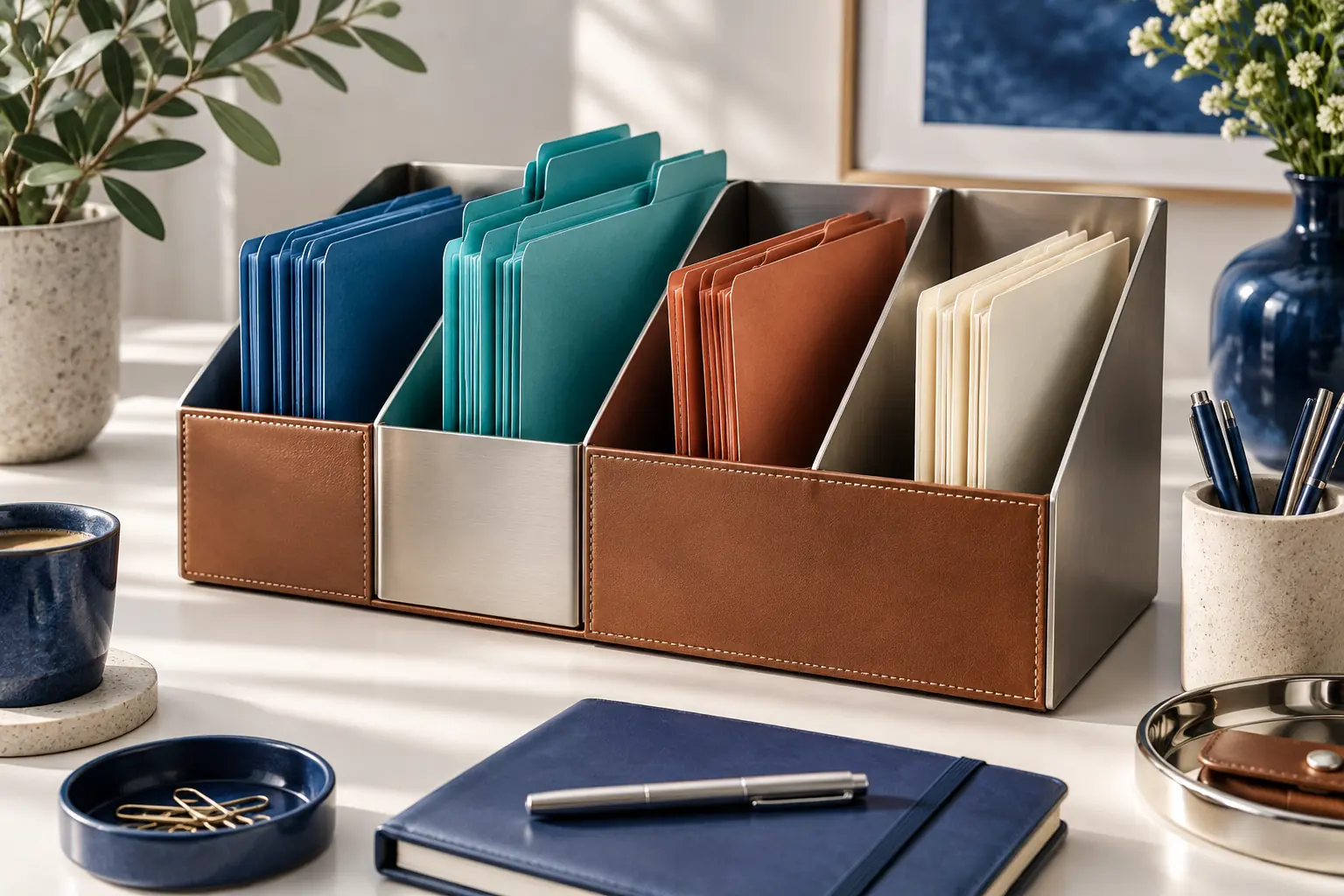 Des dossiers de couleurs différentes sont répartis dans plusieurs compartiments d’un organiseur de bureau