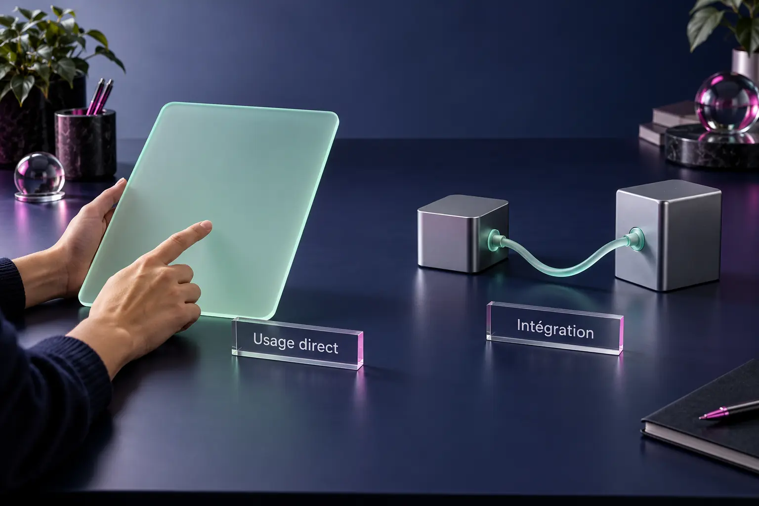 Une tablette tenue par une personne et deux blocs reliés distinguent usage direct et intégration