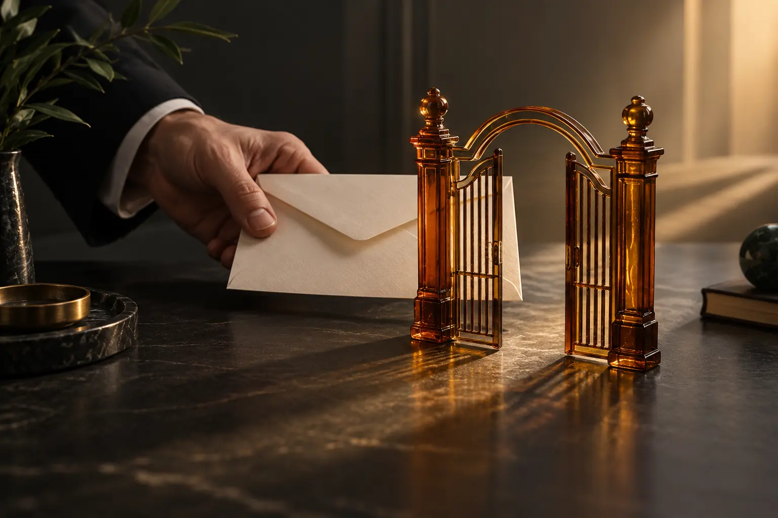 Une main présente une enveloppe devant une petite grille de verre ambré