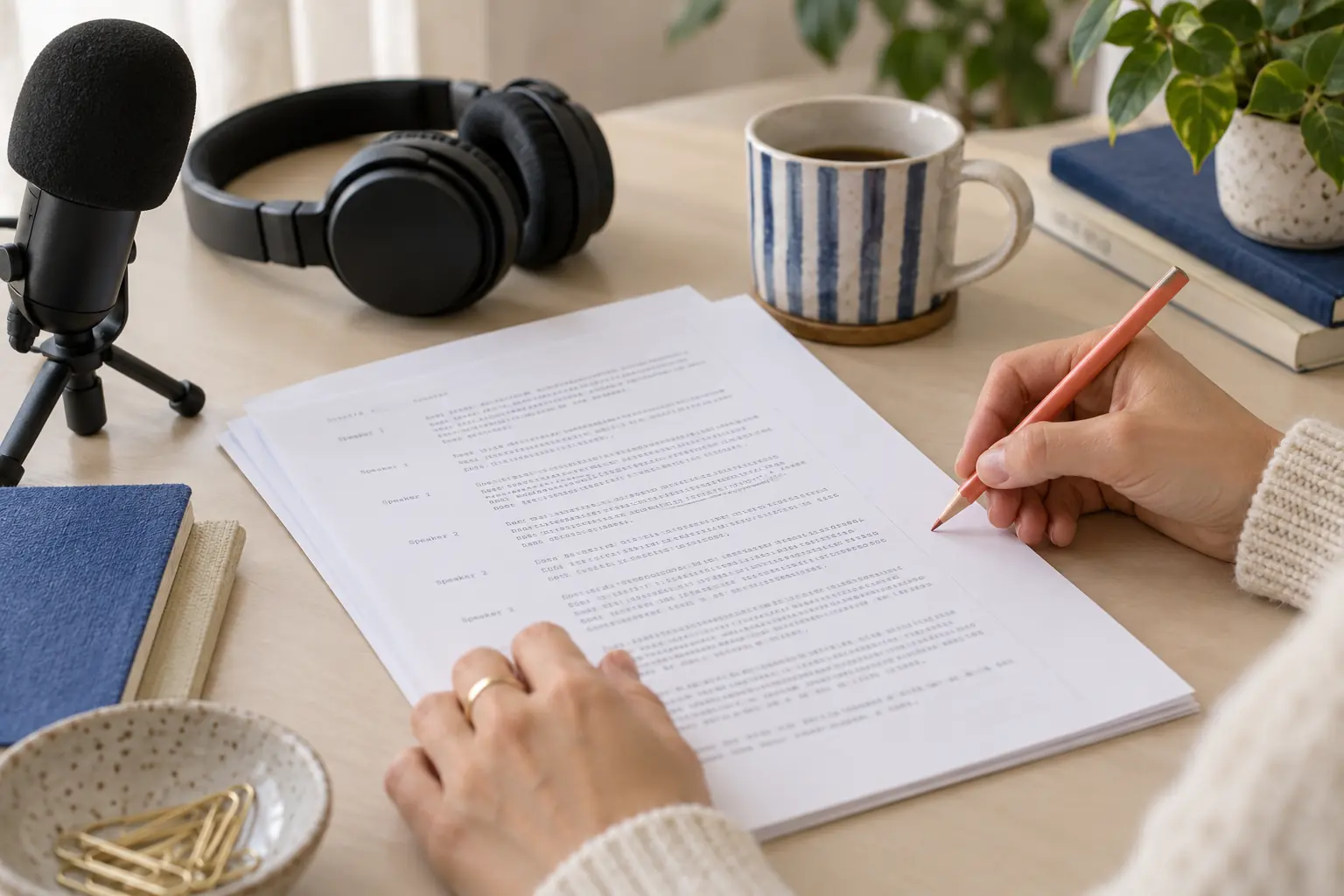 Des mains relisent une transcription imprimée près d’un microphone et d’un casque