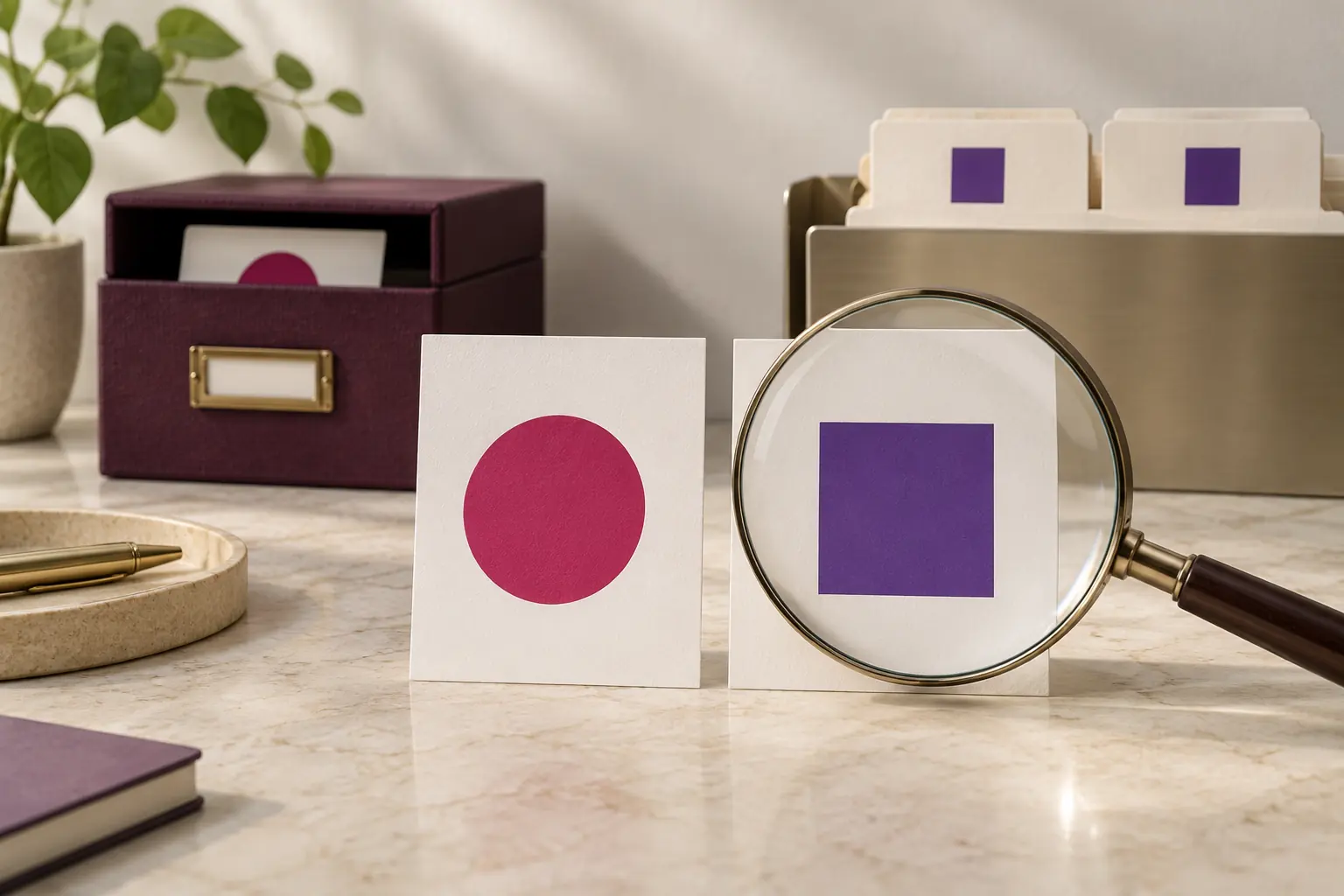 Une loupe distingue une fiche au carré violet d’une ancienne fiche au cercle rose