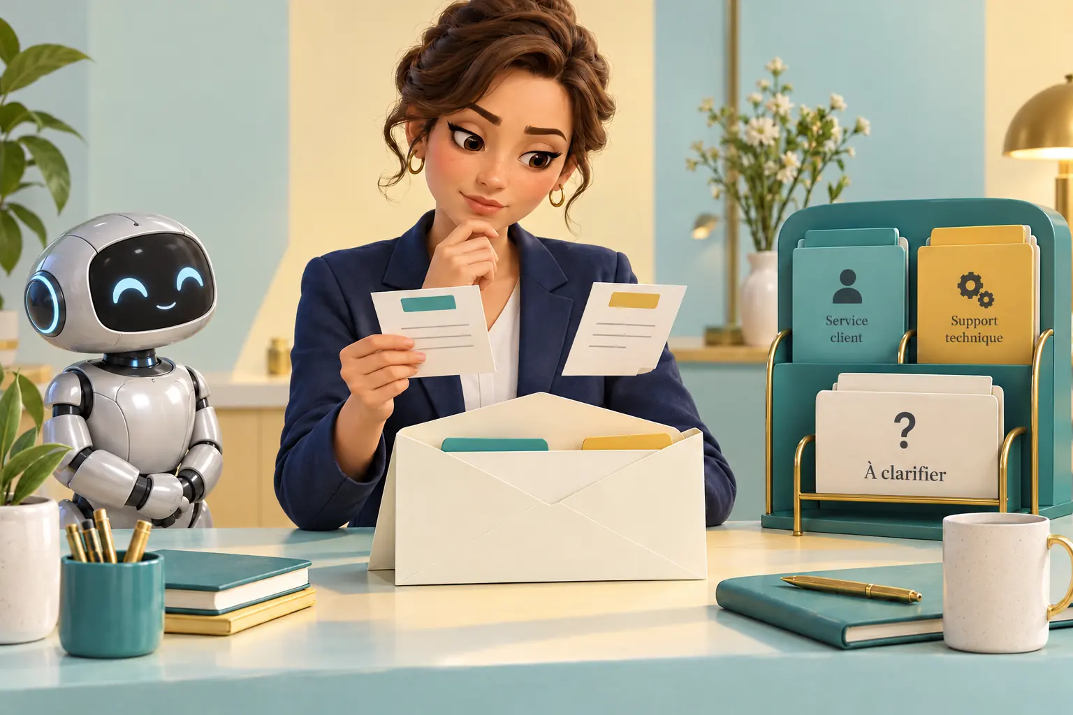 Une femme fictive examine deux notes avec un robot en attente et un dossier À clarifier
