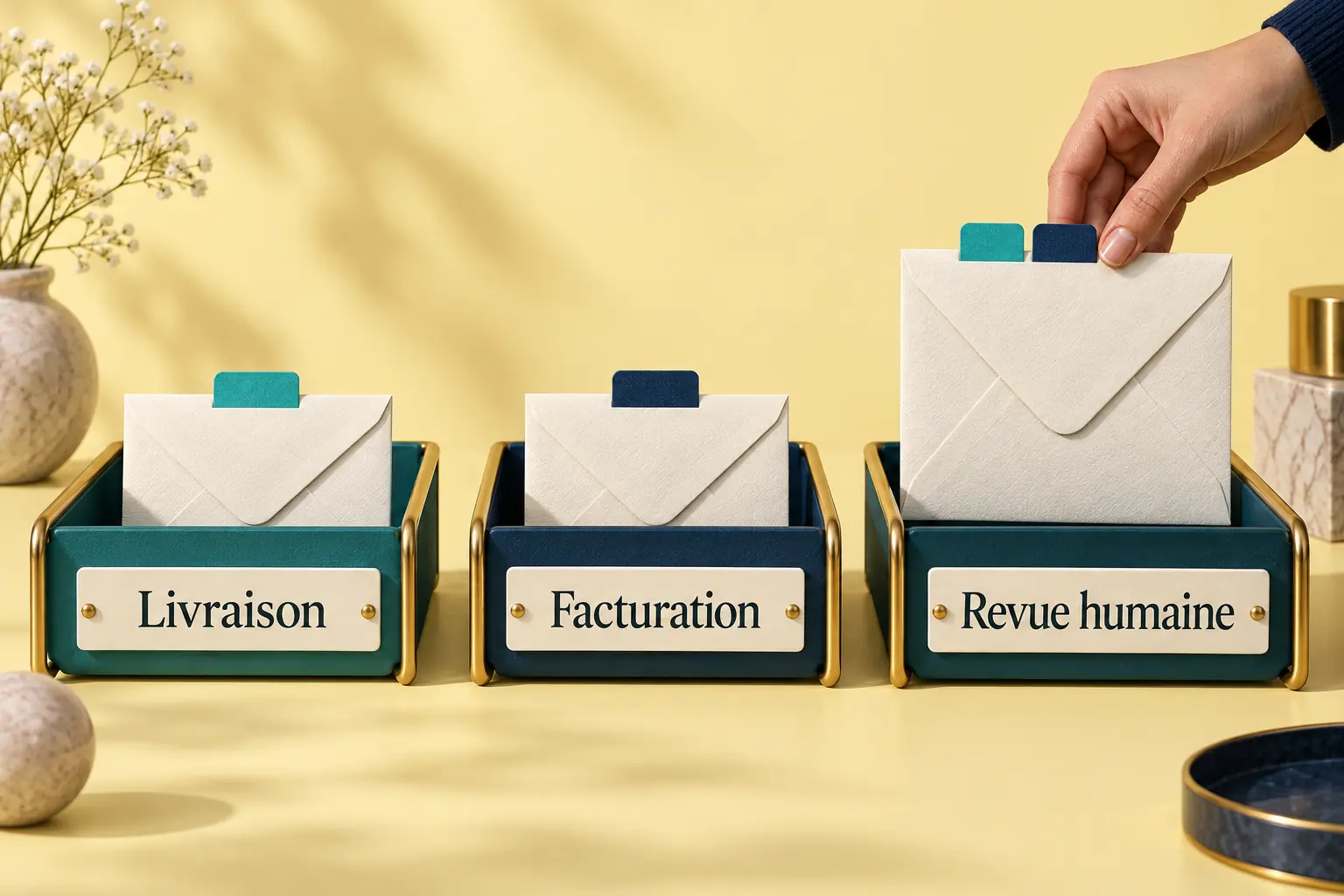 Trois bacs Livraison, Facturation et Revue humaine distinguent des enveloppes simples et une demande avec deux onglets