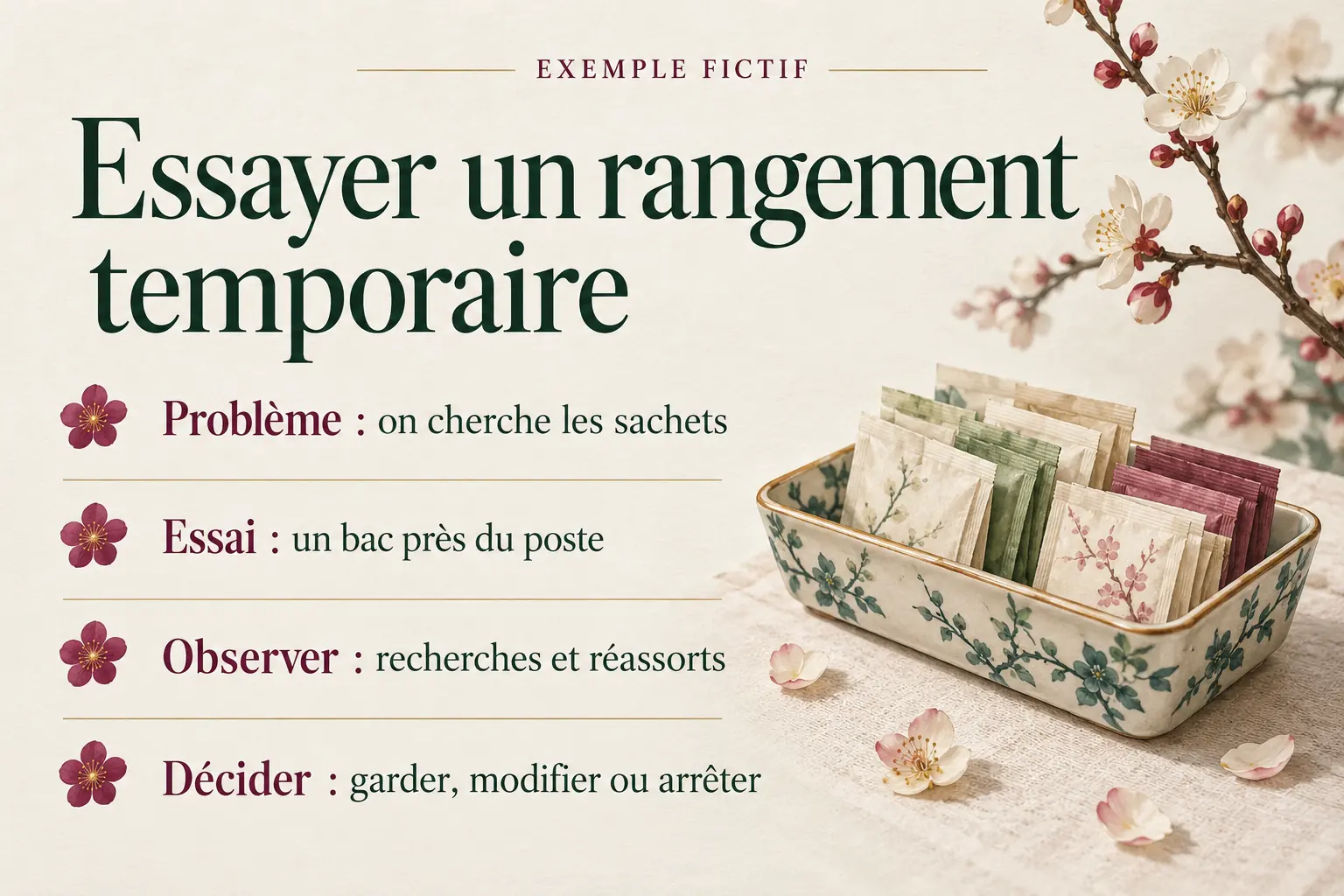 Fiche fictive pour tester un bac de rangement temporaire et observer recherches et réassorts