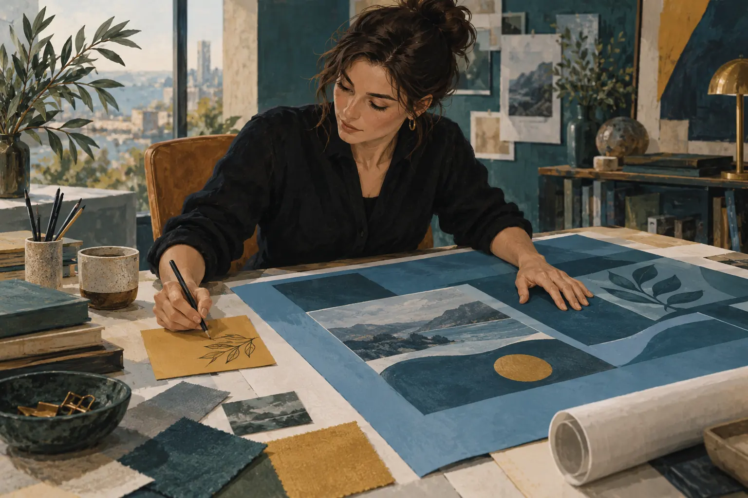 Une créatrice fictive note une idée sur une petite carte à côté de sa composition principale