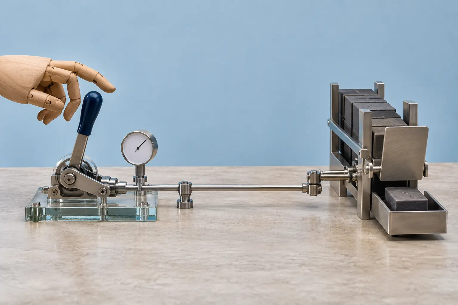 Une main articulée en bois actionne un levier relié à une barrière qui libère un colis vers un bac