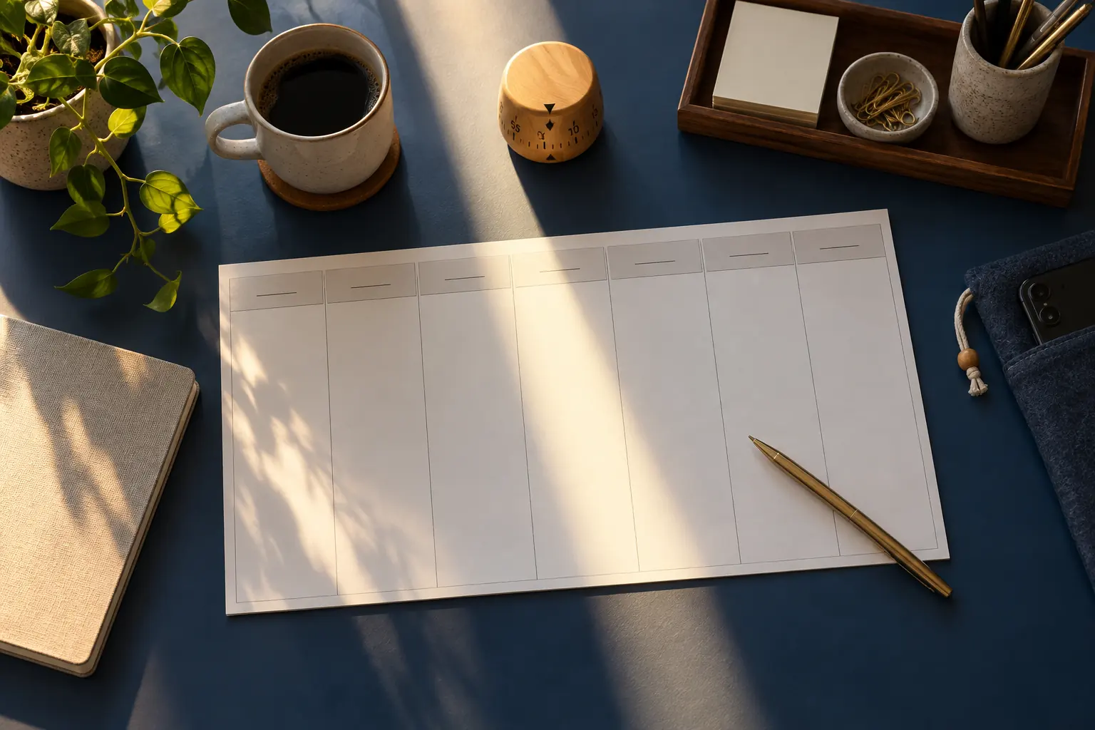 Planning hebdomadaire vierge, minuteur et carnet sur un bureau, avec un téléphone rangé dans une pochette