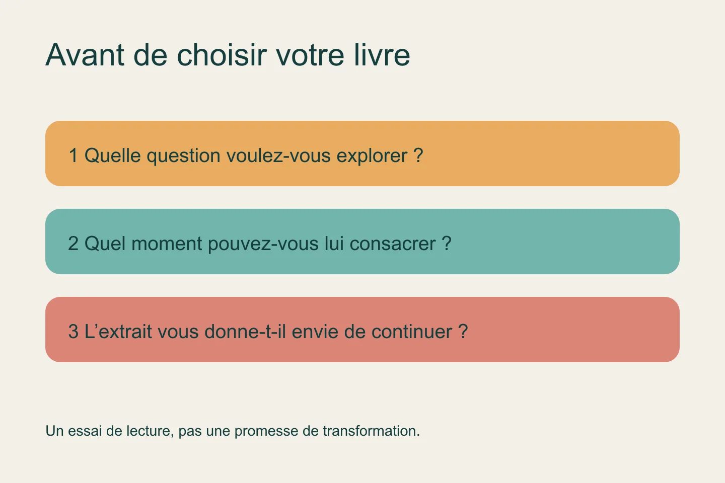 Trois questions avant un achat : votre question, votre disponibilité et votre envie de poursuivre l’extrait