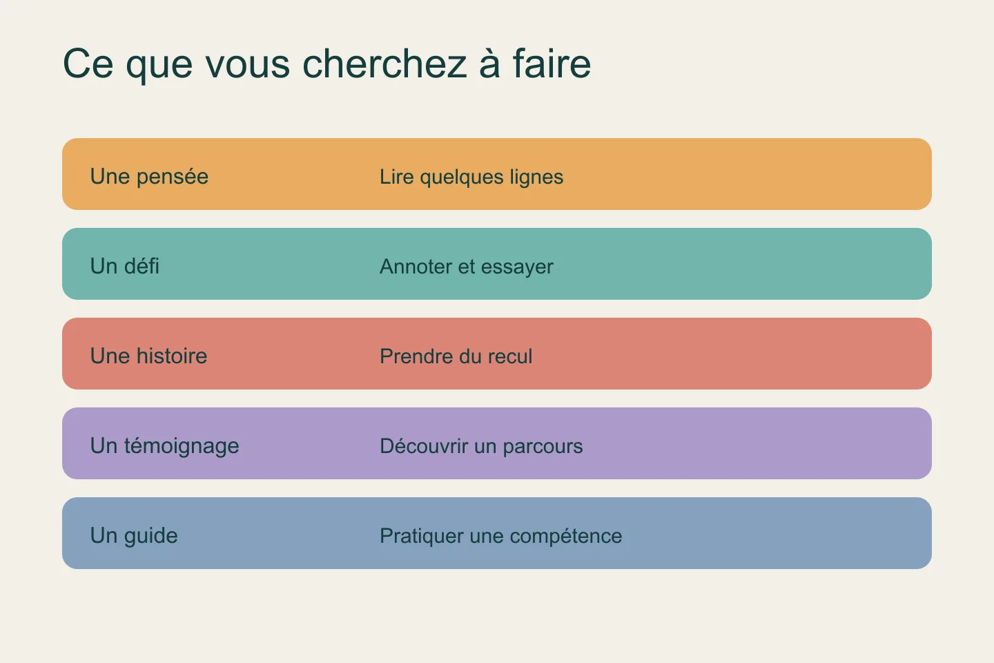 Cinq formats de lecture et les usages possibles : lire, essayer, réfléchir, découvrir et pratiquer