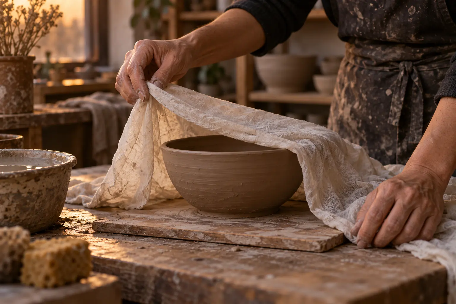 Des mains recouvrent une pièce d’argile d’un linge