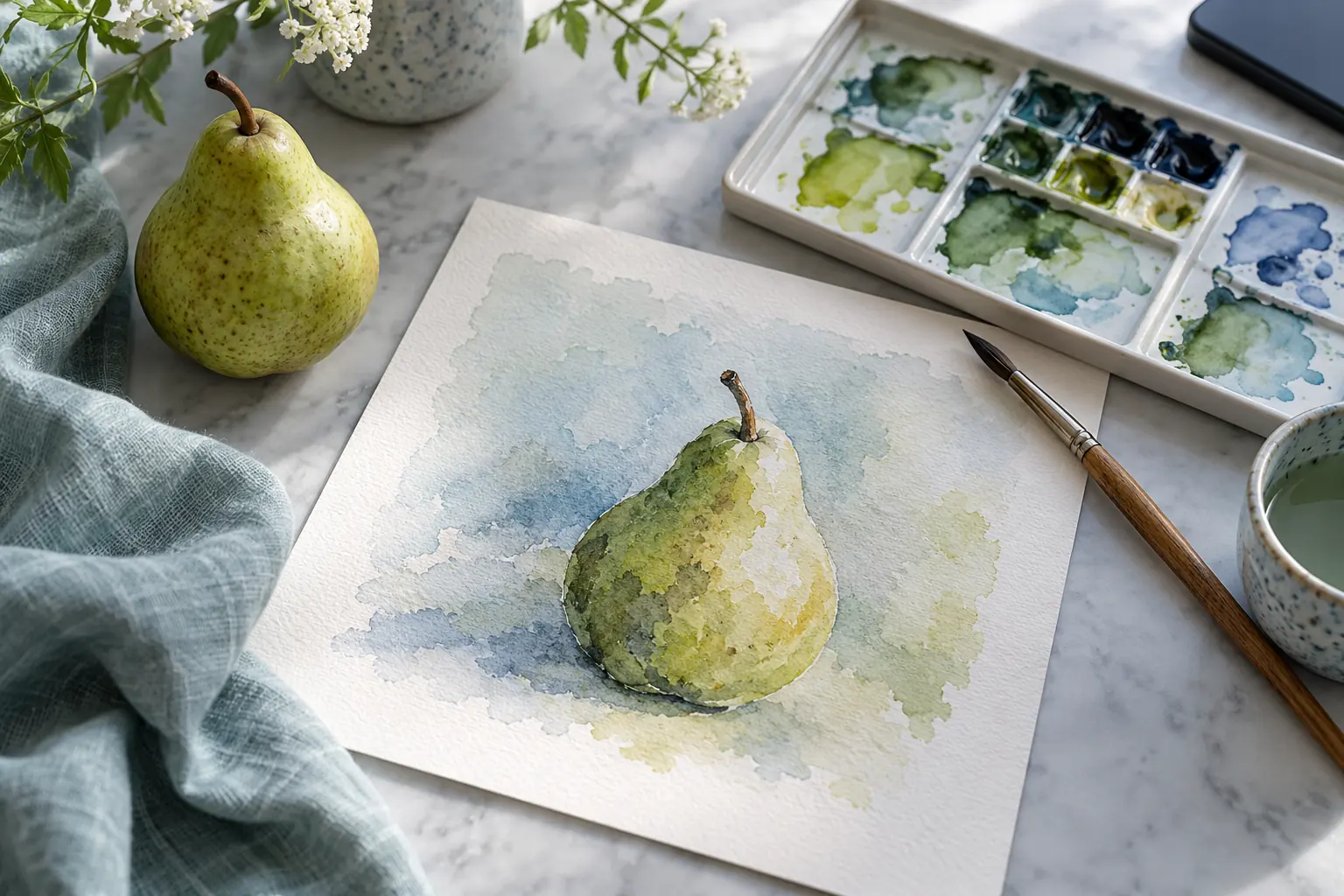 Une aquarelle de poire près de son modèle et de pinceaux