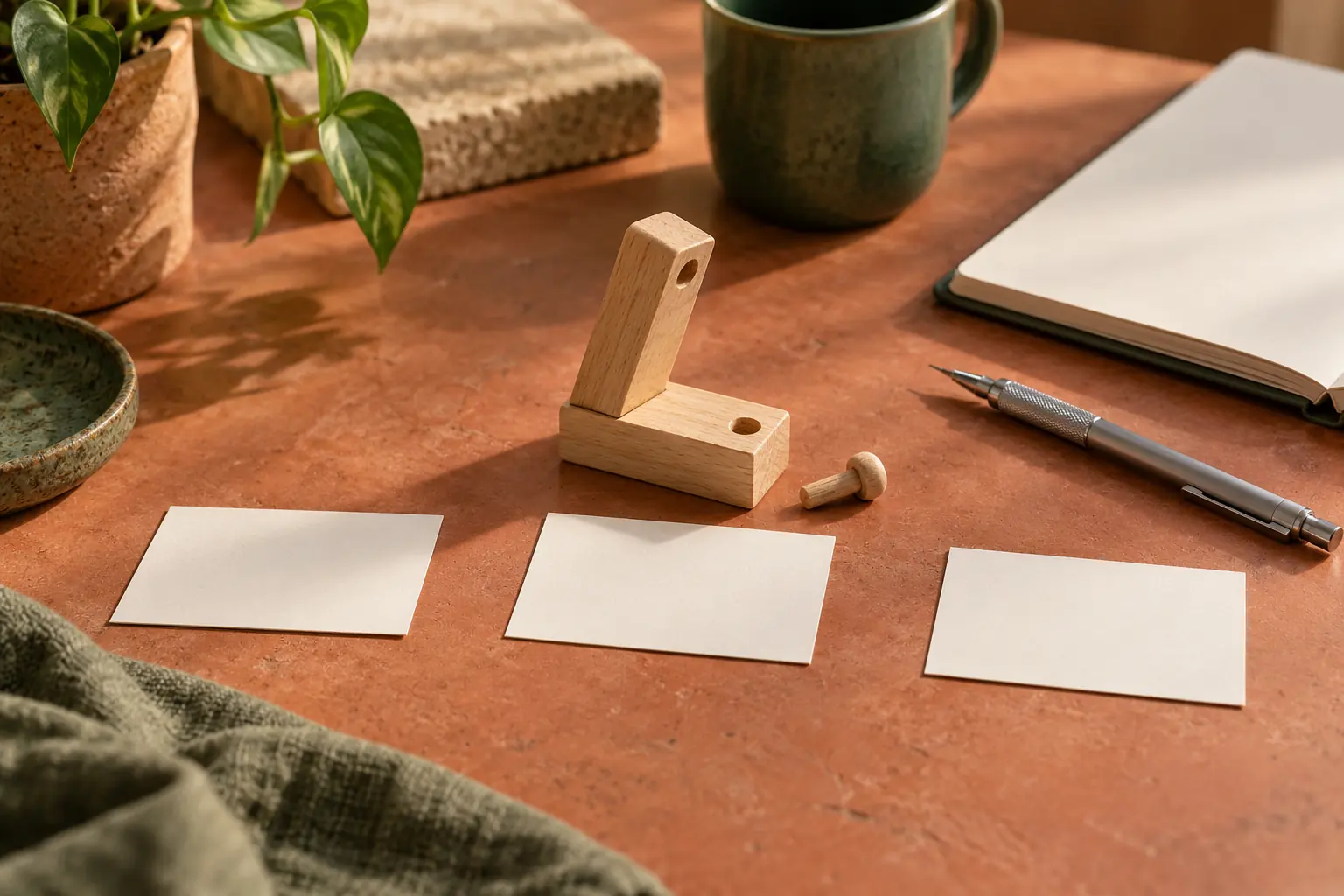Trois fiches vierges accompagnent un petit prototype en bois sur une table terracotta