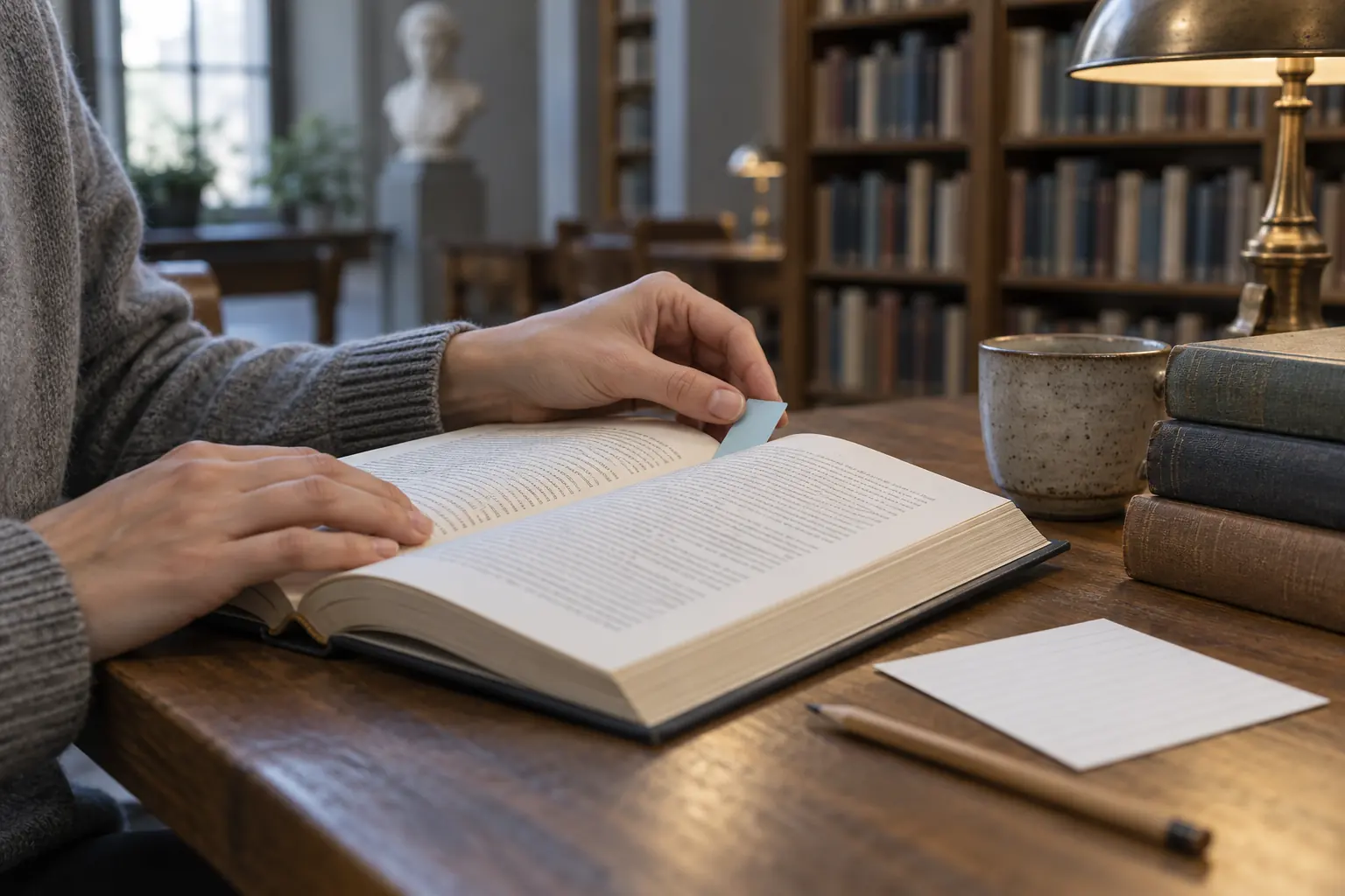 Des mains retrouvent un passage dans un livre avec un marque-page bleu