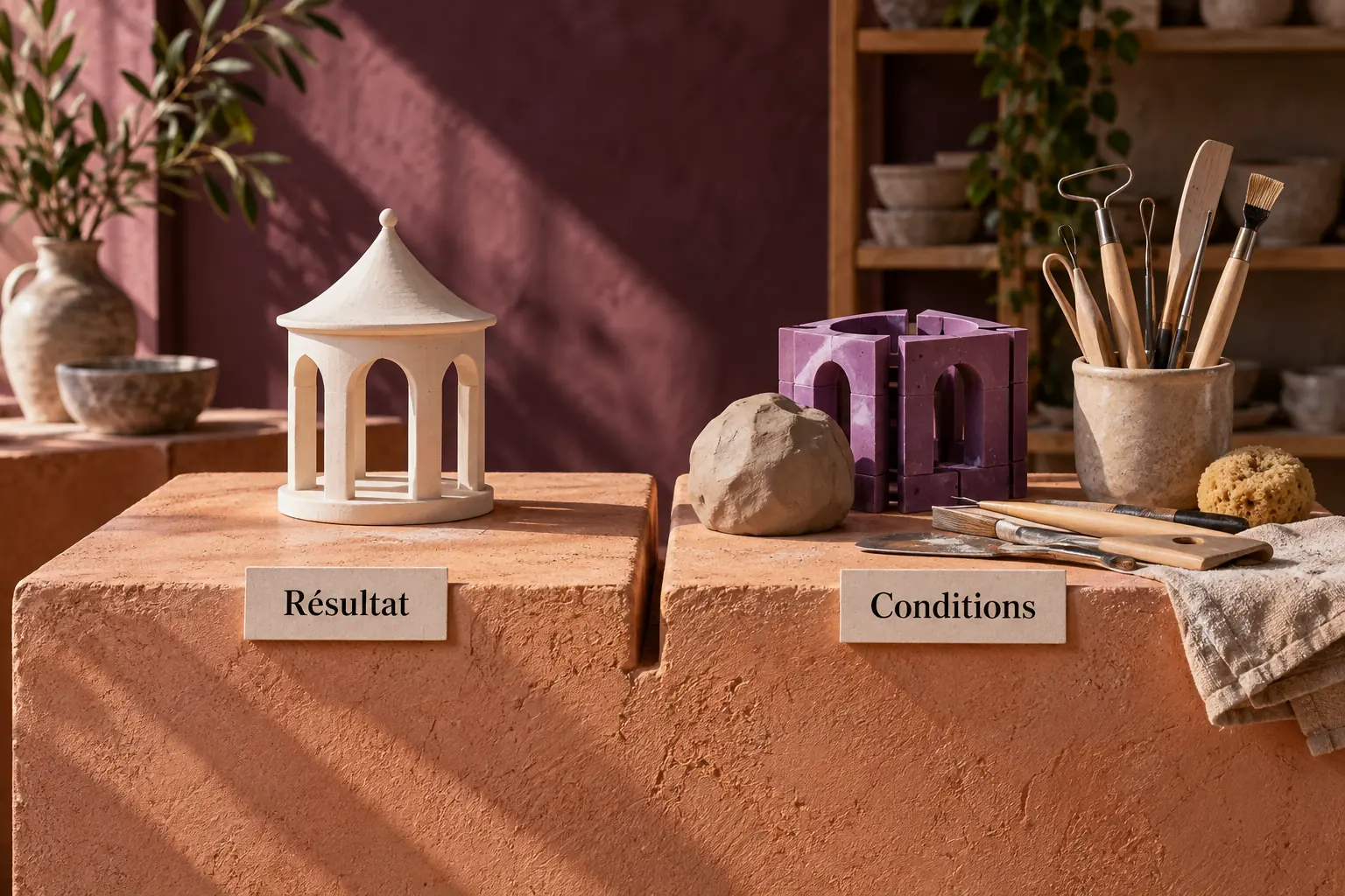 Un pavillon terminé et des outils distinguent le résultat des conditions de sa réalisation