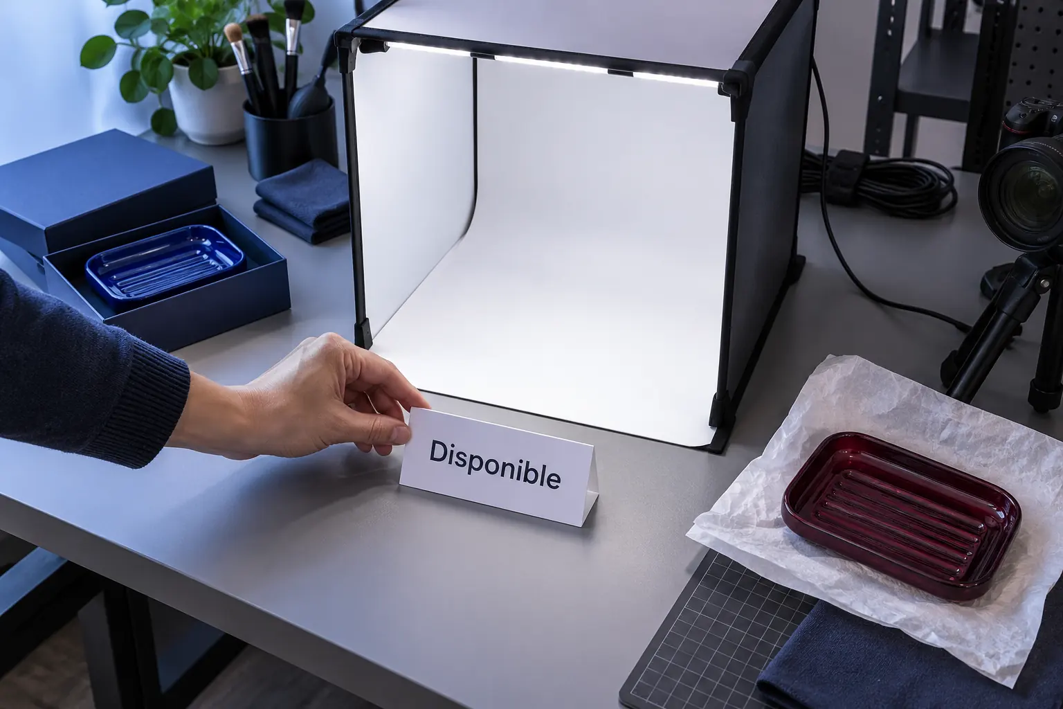 Un studio photo vidé et un panneau Disponible indiquent la remise à disposition après usage