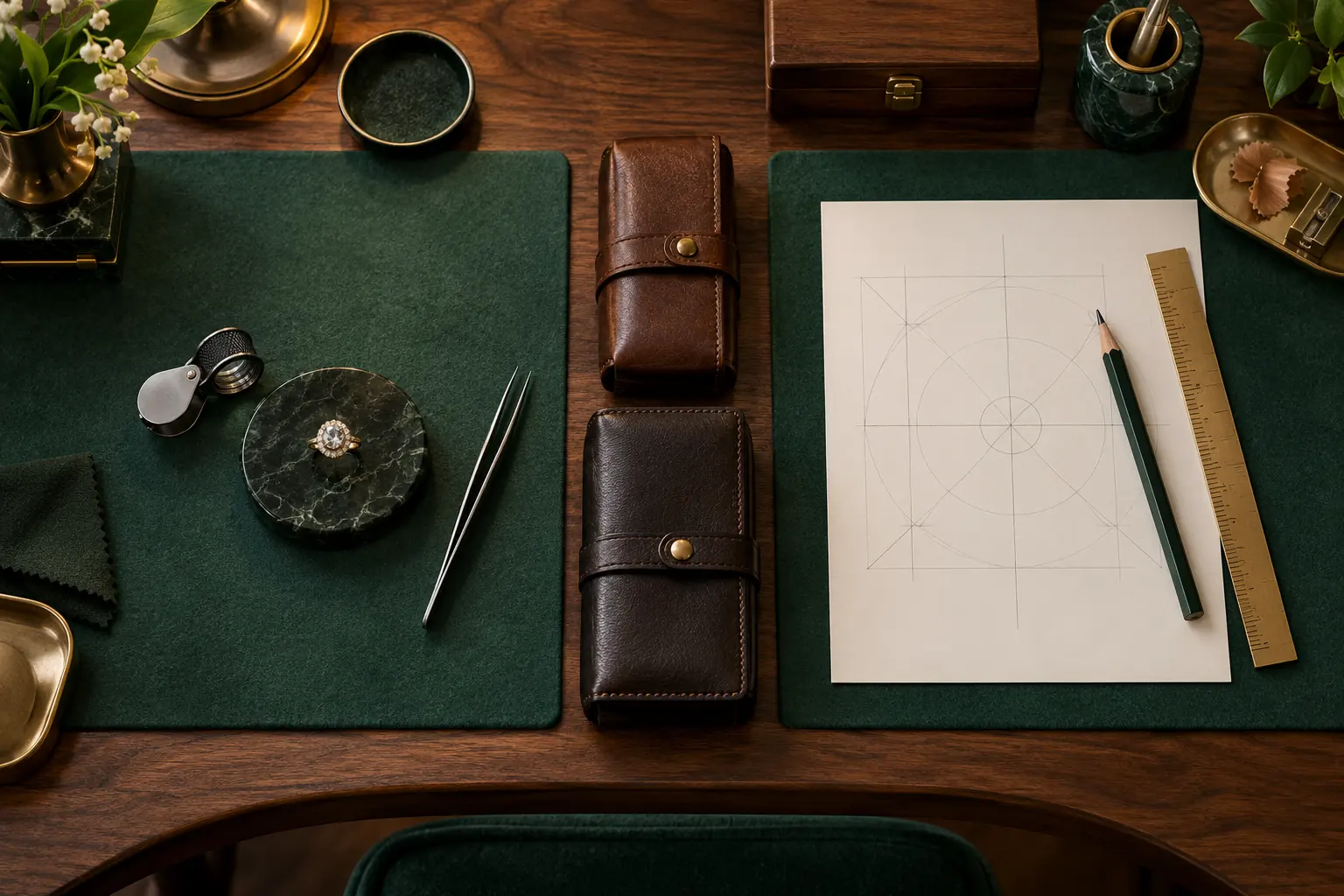 Deux postes de travail distincts avec une loupe et des pinces pour un bijou, puis une règle et un crayon pour un dessin