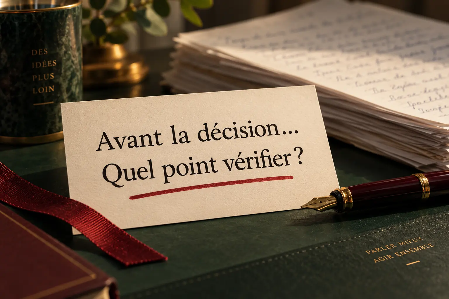 Une fiche courte porte Avant la décision et Quel point vérifier, devant une pile de notes