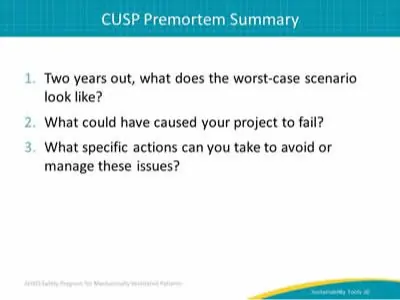 Les trois questions du pré-mortem dans le support AHRQ
