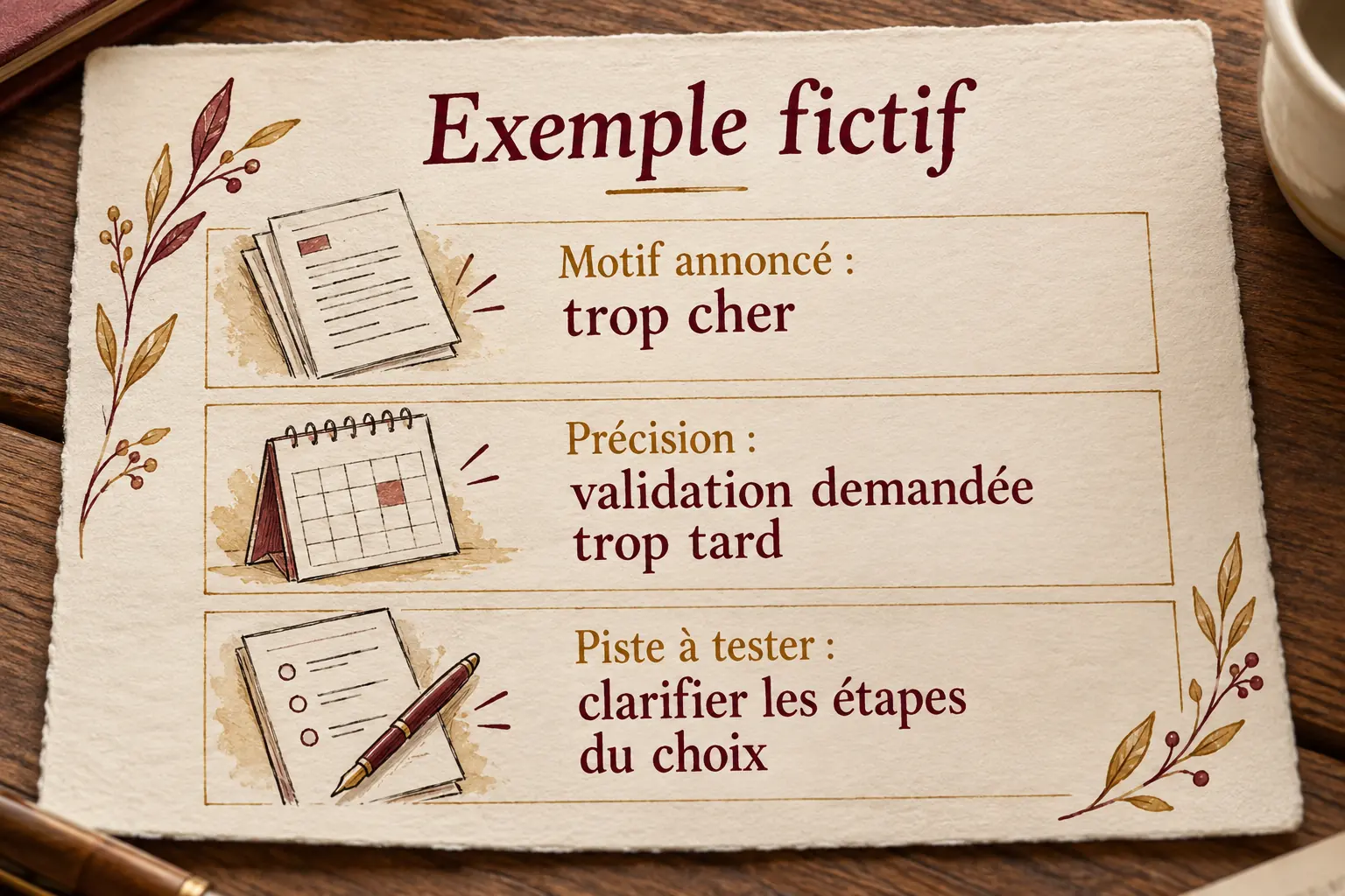 Fiche illustrée distinguant motif annoncé, précision obtenue et piste à tester
