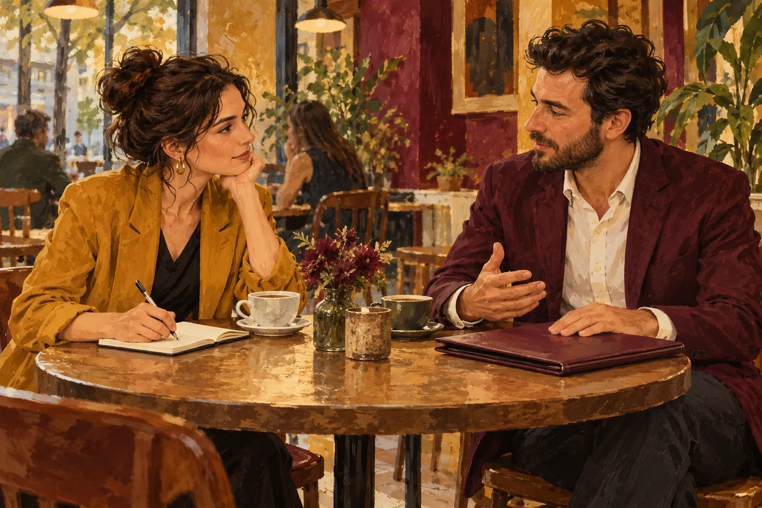 Une femme prend des notes pendant un échange au café avec un homme devant un dossier fermé