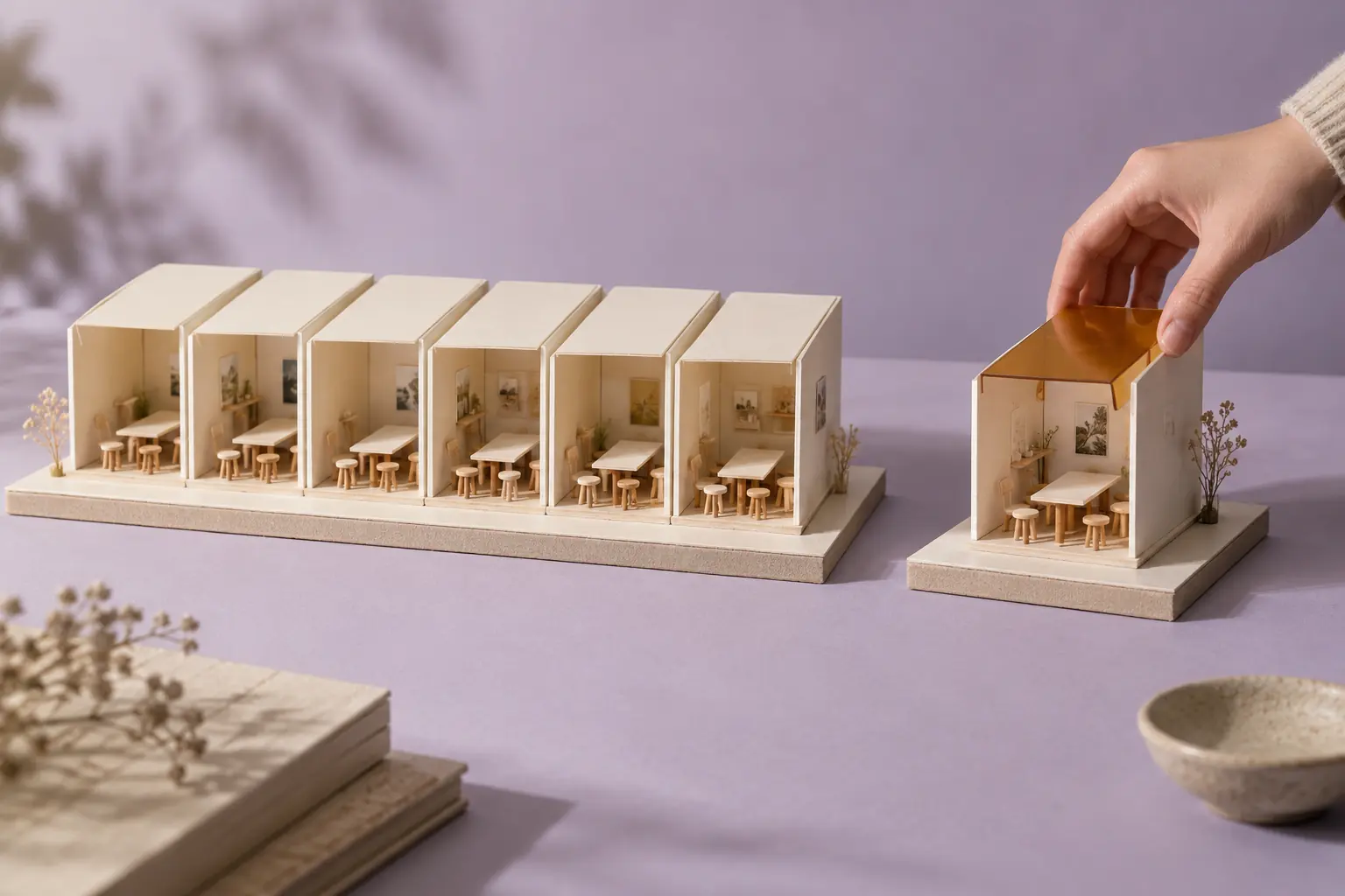 Une maquette de six ateliers est placée à côté d’un atelier unique dont le toit est ajusté à la main