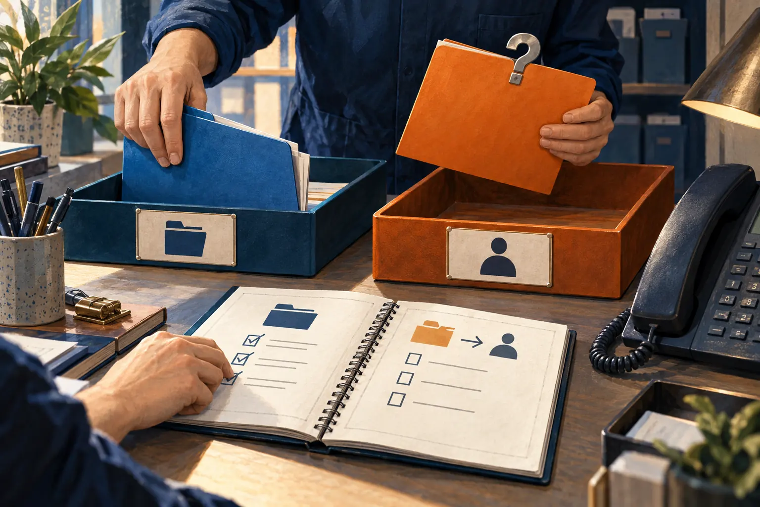 Un dossier bleu trouve son bac tandis qu’un dossier orange avec point d’interrogation attend un interlocuteur