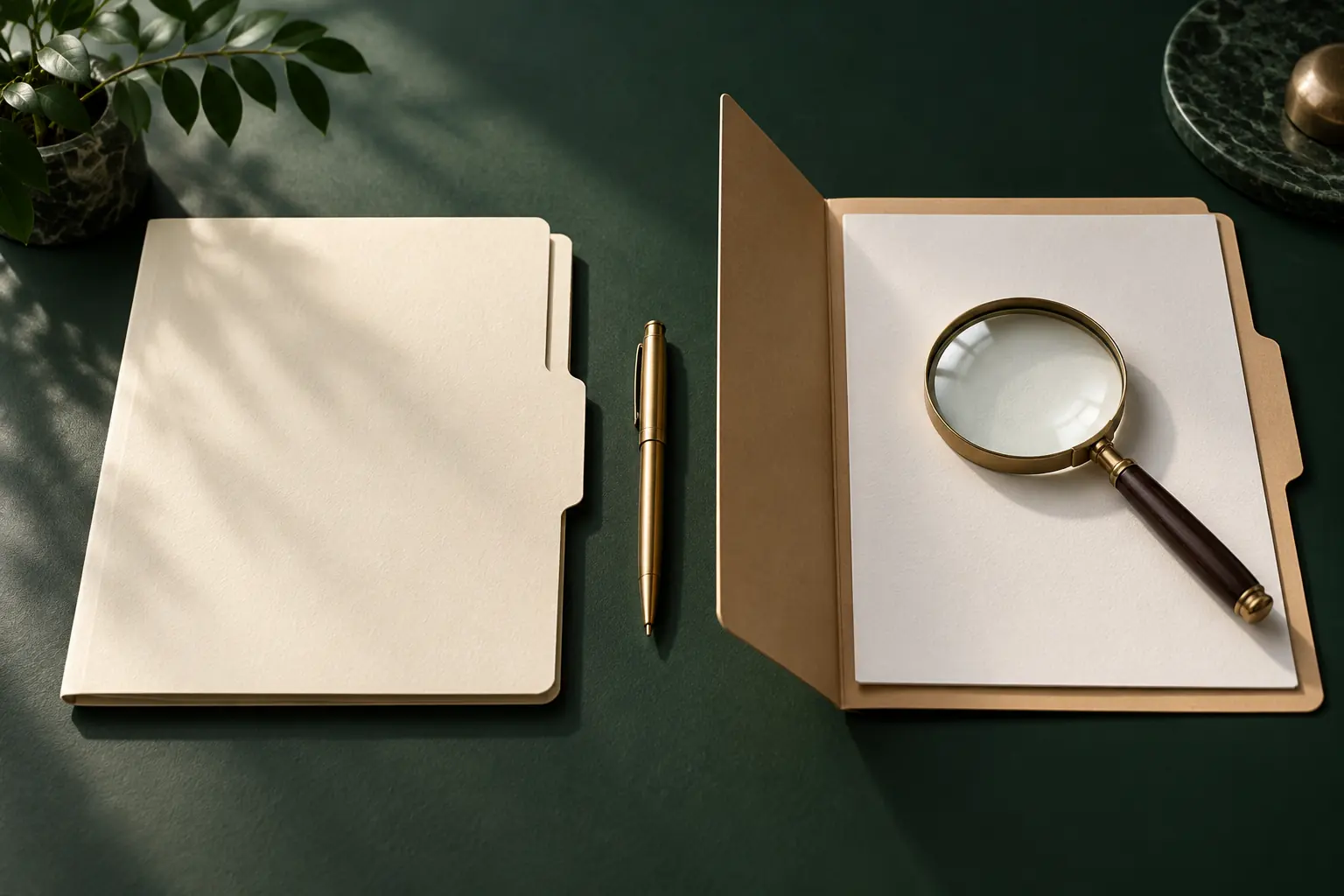Deux dossiers distincts, dont un ouvert avec une loupe, sont posés sur une table verte