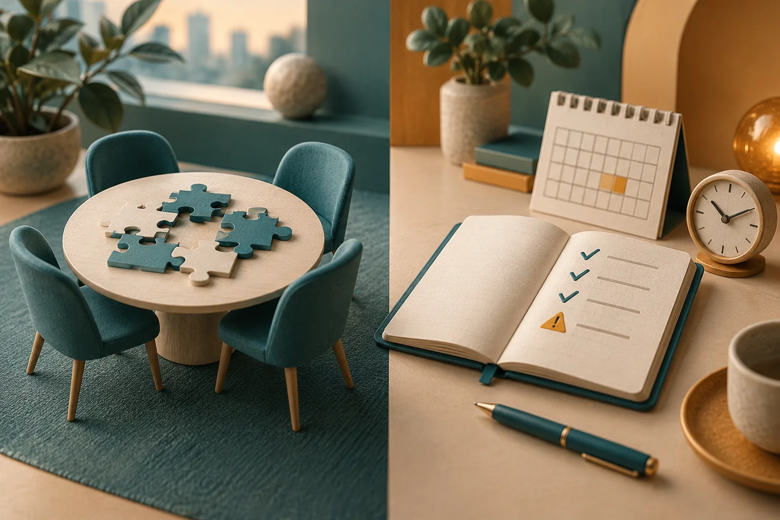 Mise en scène opposant une table de discussion avec un puzzle à résoudre et un carnet de suivi partagé